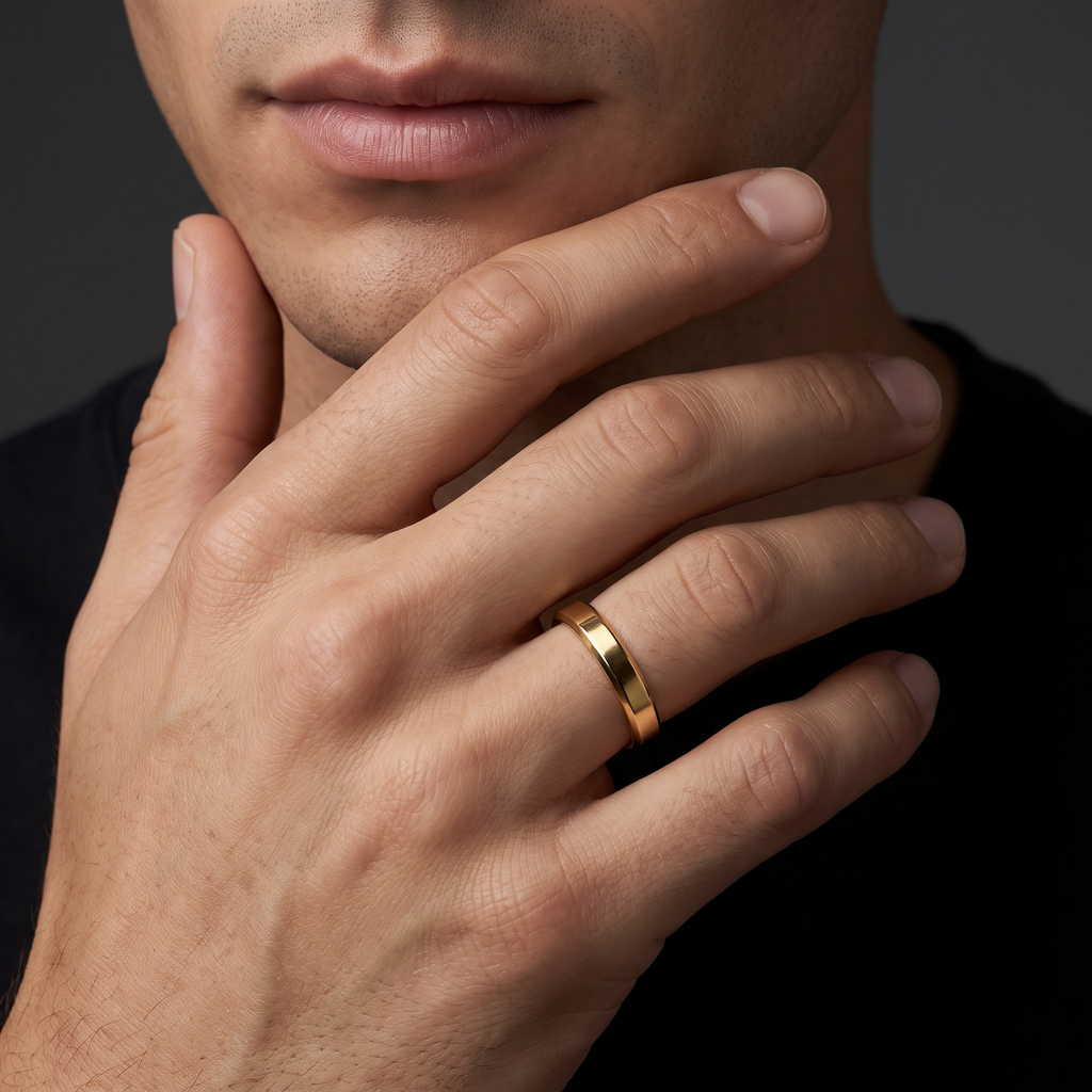 4mm beveled edge wedding band in solid 14K gold worn on the hand, handcrafted in Queens NYC