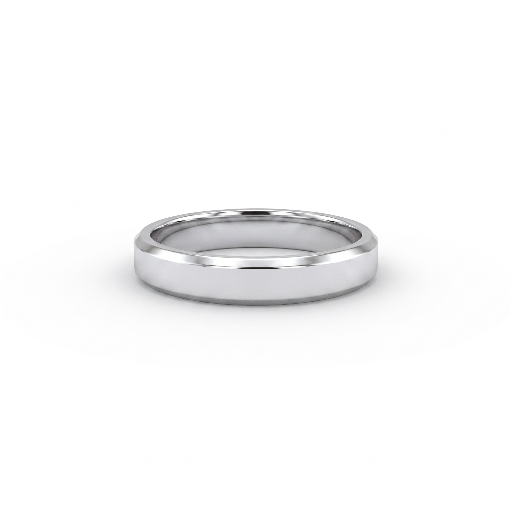 4mm beveled edge wedding band in solid 14K gold, side profile showing the flat plateau and beveled flanks