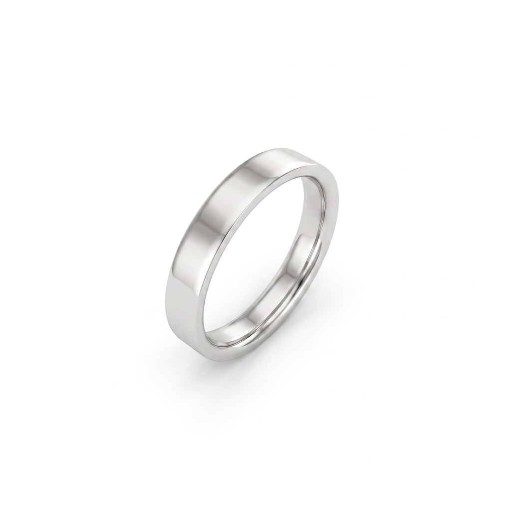 4mm flat polished wedding band in 14K white gold, angled view showing flat profile and comfort-fit interior