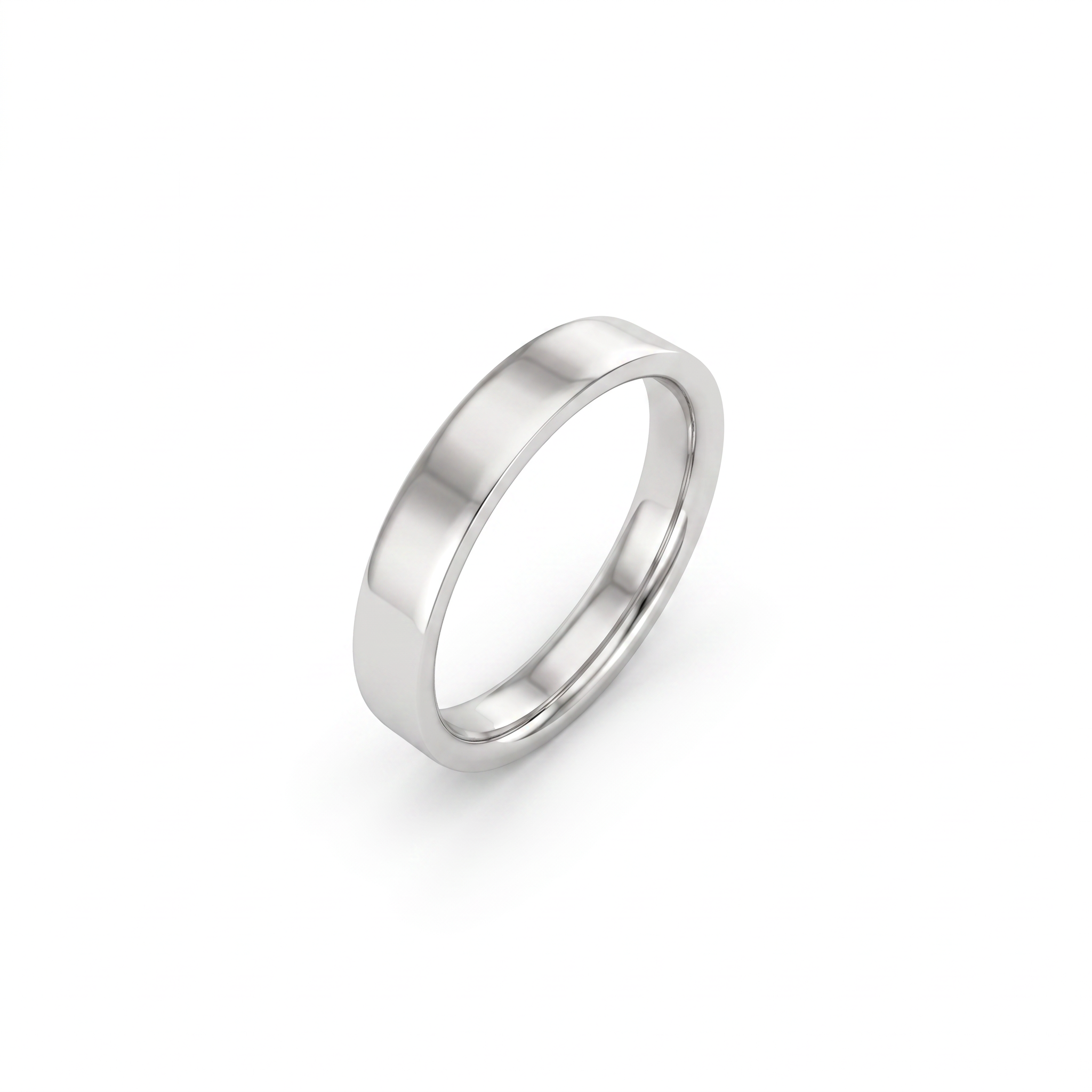 4mm flat polished wedding band in 14K white gold, angled view showing flat profile and comfort-fit interior