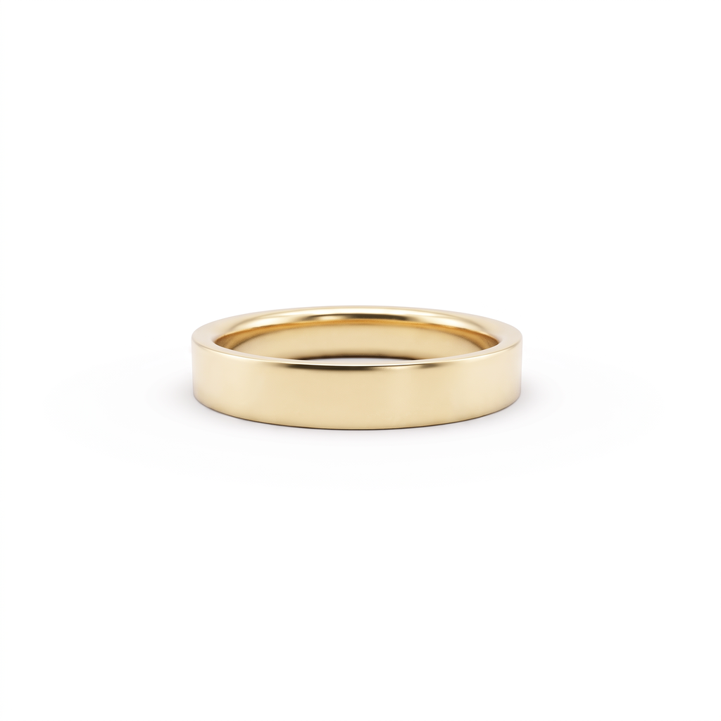 4mm flat polished wedding band in 14K yellow gold, mirror finish front view