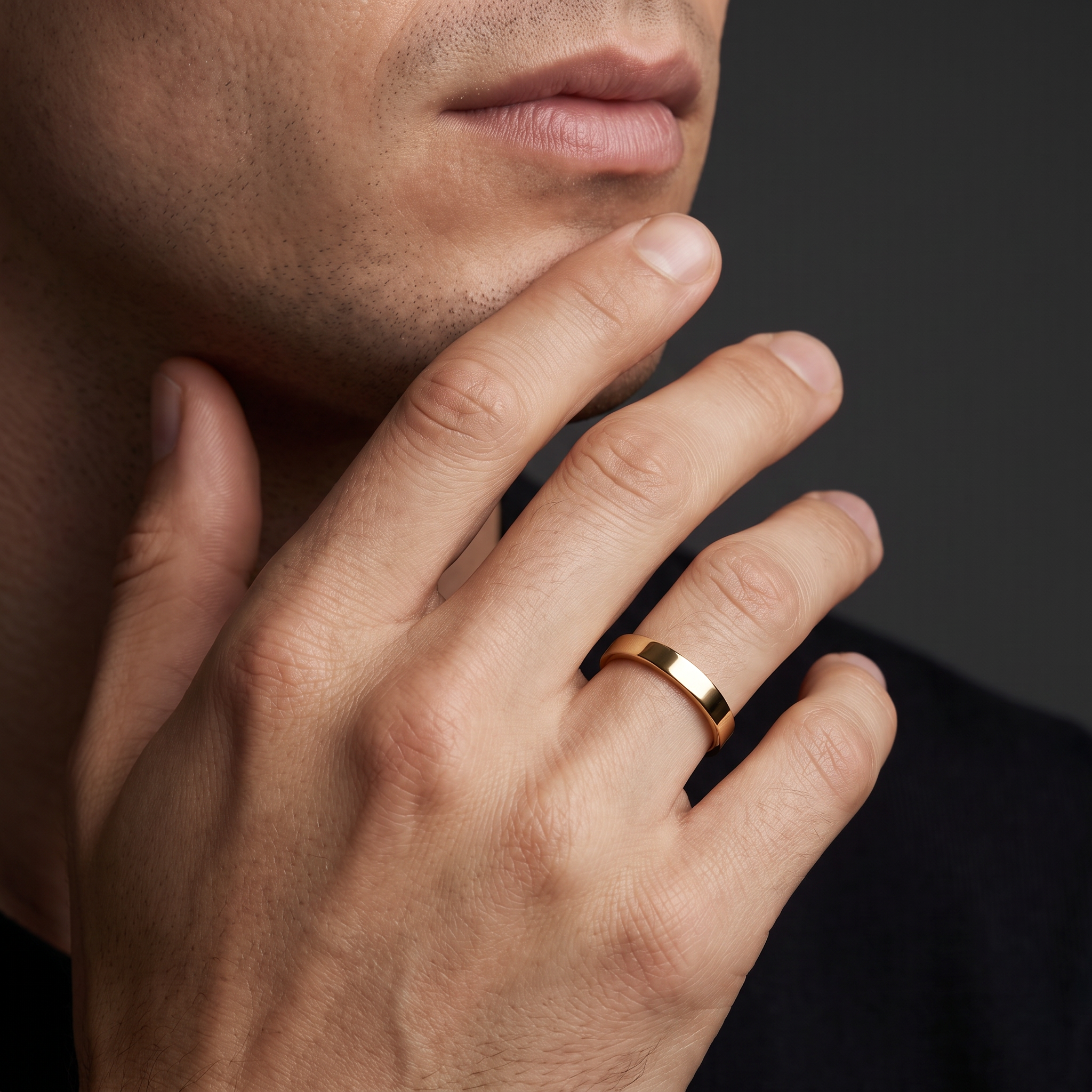 Man wearing the 4mm flat polished wedding band in 14K yellow gold