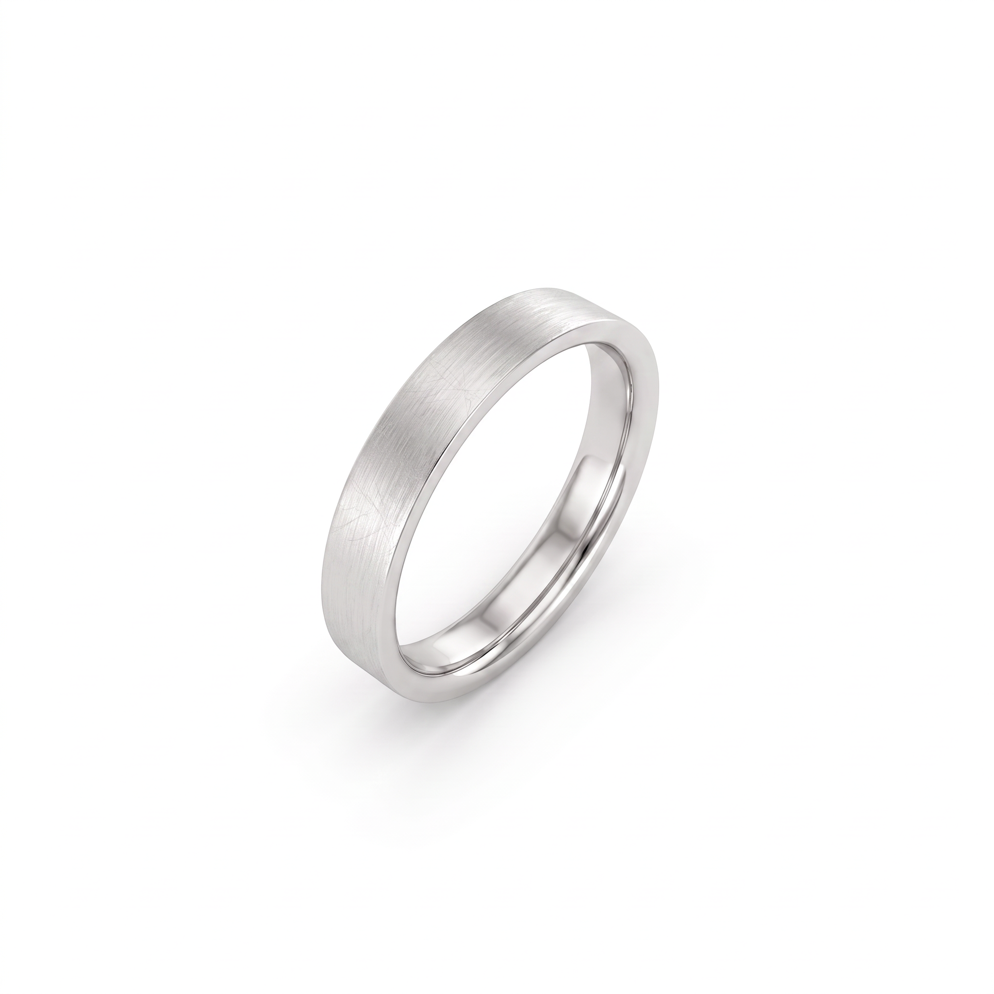 4mm flat satin wedding band in 14K white gold, angled view showing flat profile and comfort-fit interior