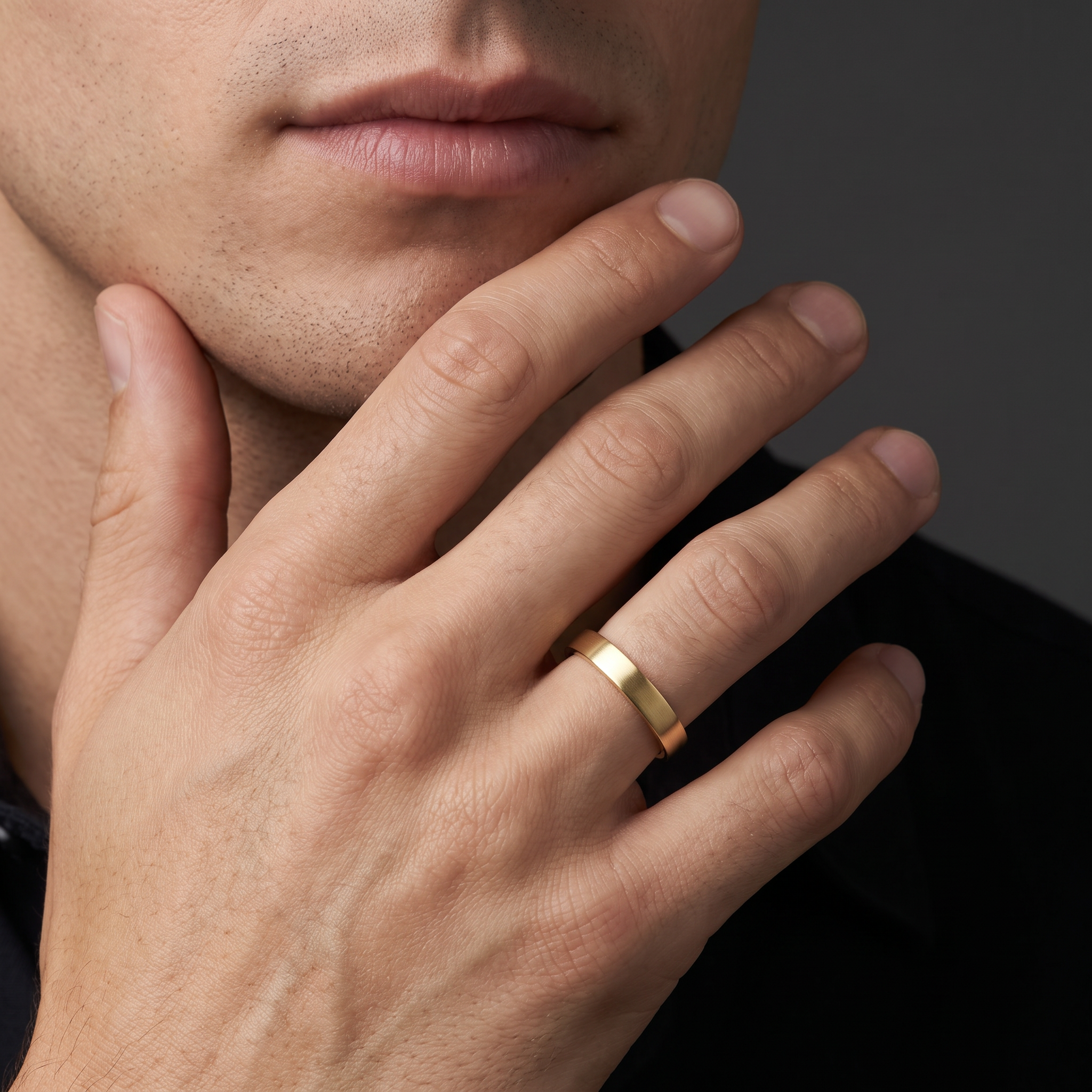 Man wearing the 4mm flat satin wedding band in 14K yellow gold