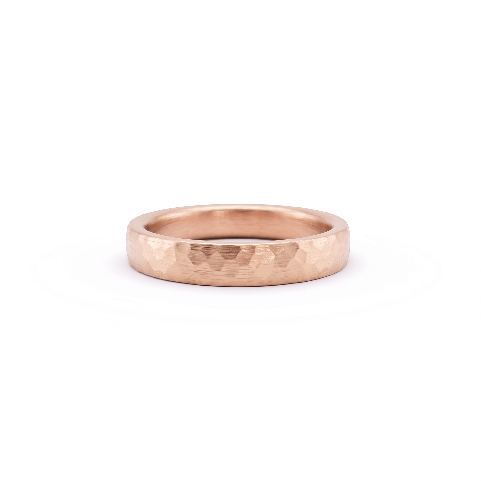 4mm hammered wedding band in 14K rose gold with satin finish, front view