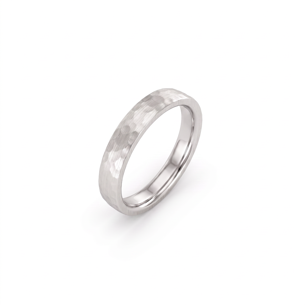 4mm hammered satin wedding band in 14K white gold, angled view showing comfort-fit interior