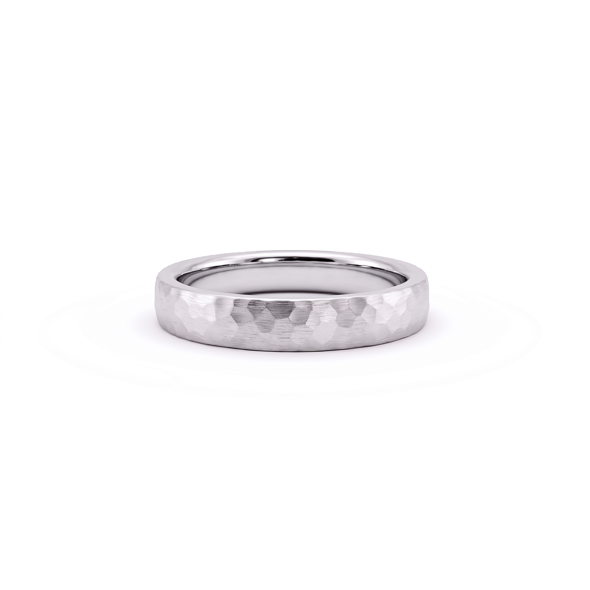 4mm hammered wedding band in 14K white gold with satin finish, front view