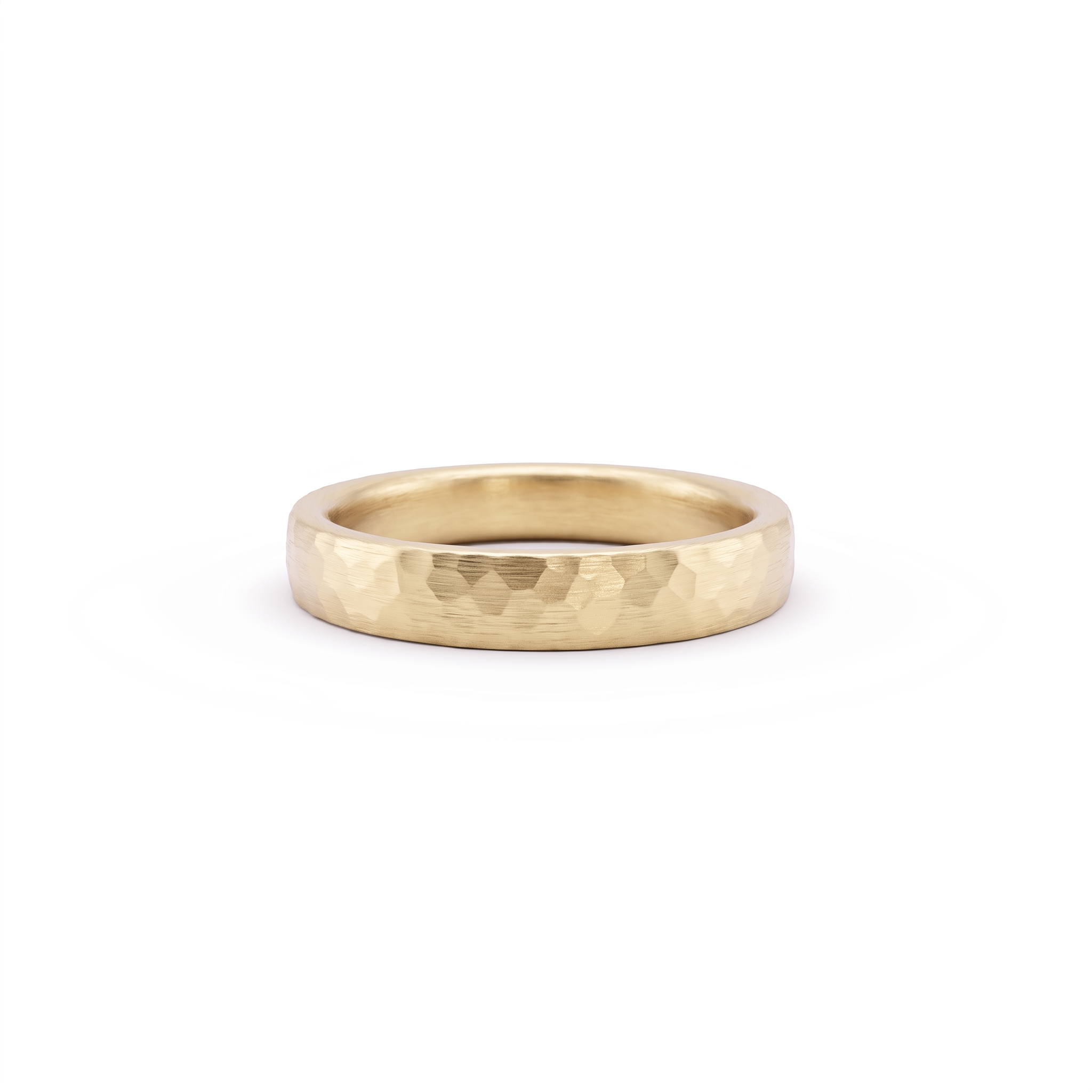 4mm hammered wedding band in 14K yellow gold with satin finish, front view