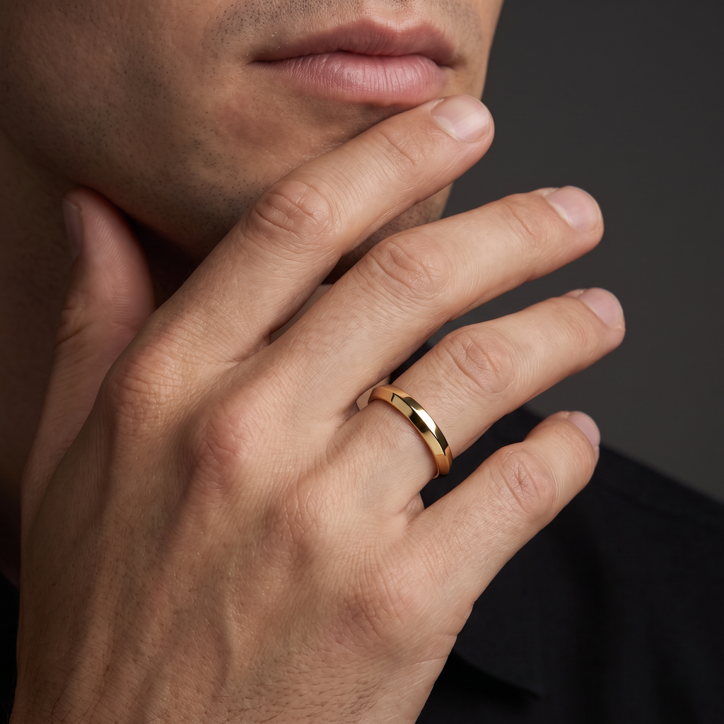 Man wearing the 4mm knife-edge wedding band in 14K yellow gold