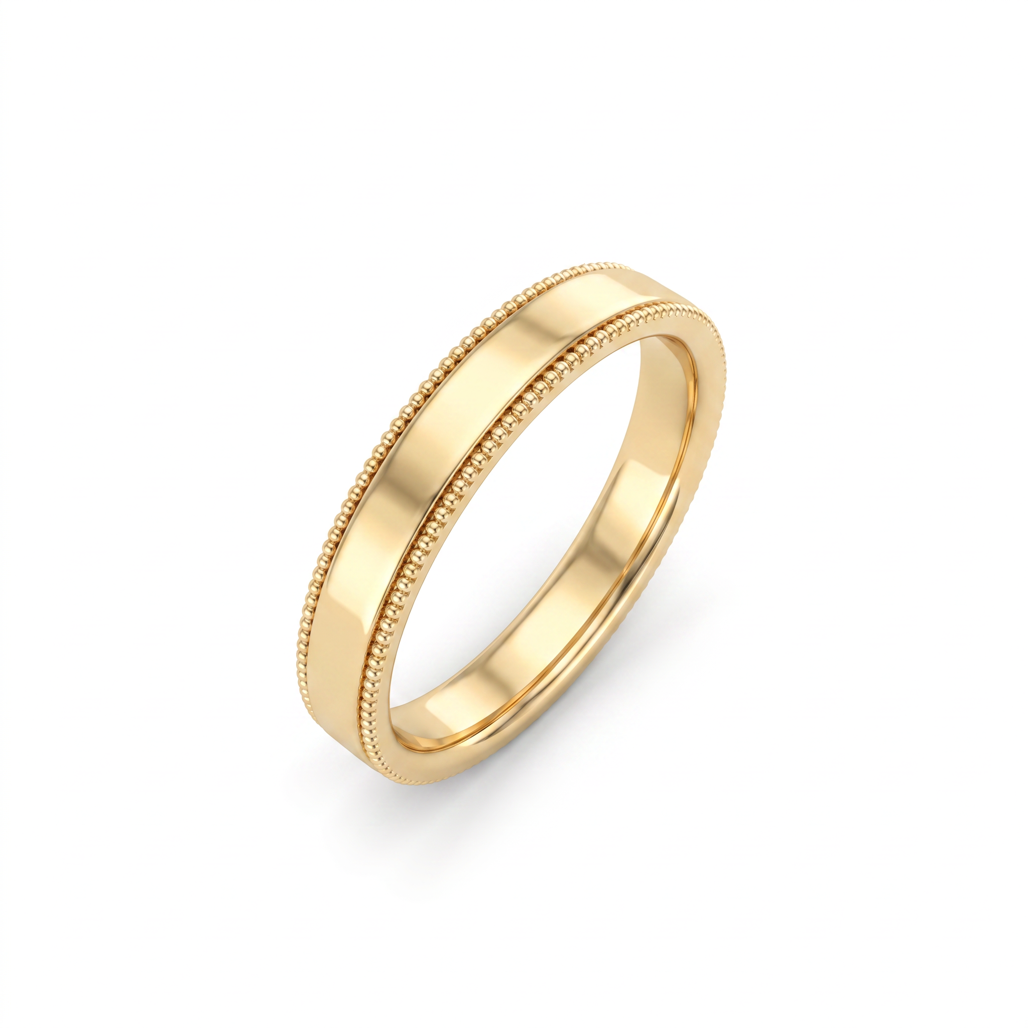 4mm milgrain wedding band in 14K yellow gold, angled view showing beaded edge detail and comfort-fit interior