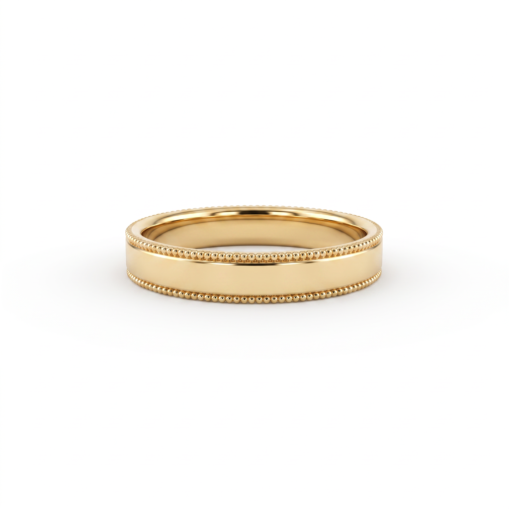 4mm milgrain wedding band in 14K yellow gold with beaded edges, front view