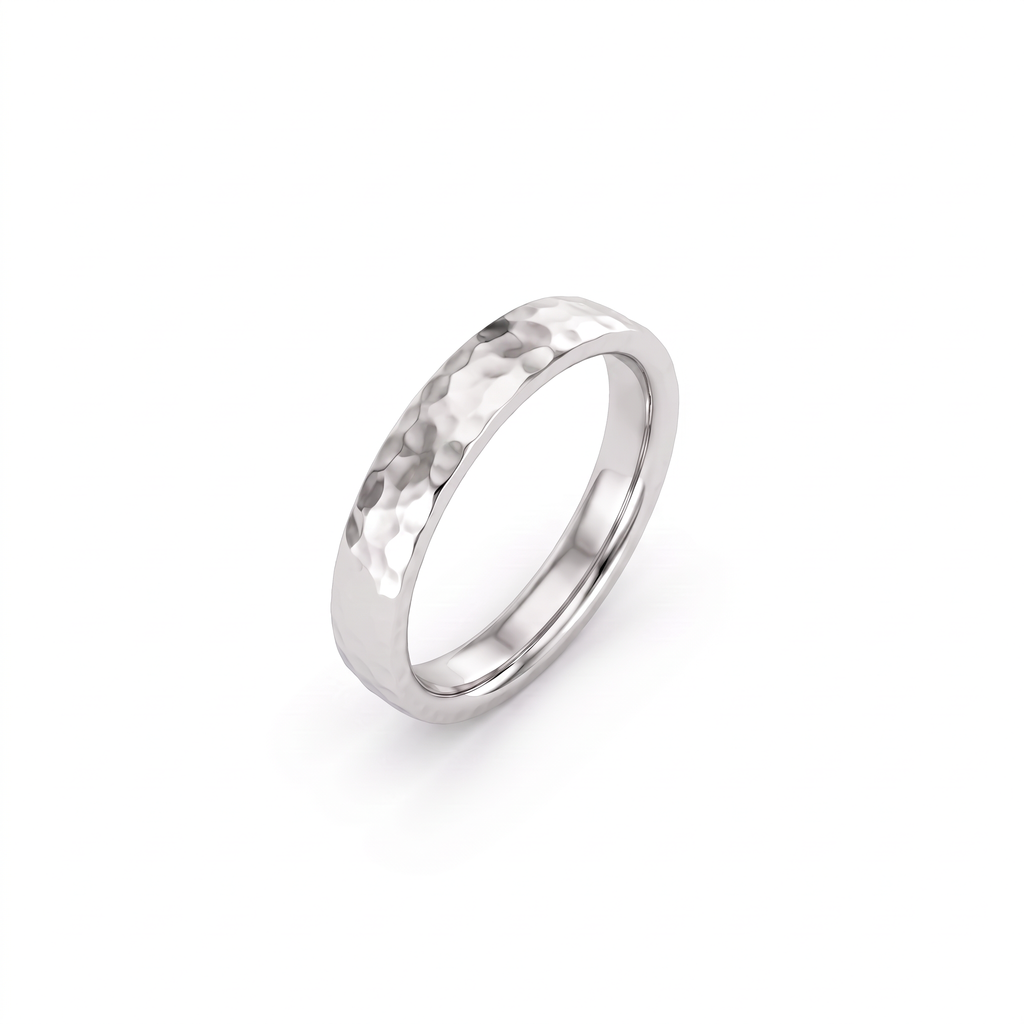 4mm polished hammered wedding band in 14K white gold, angled view showing comfort-fit interior