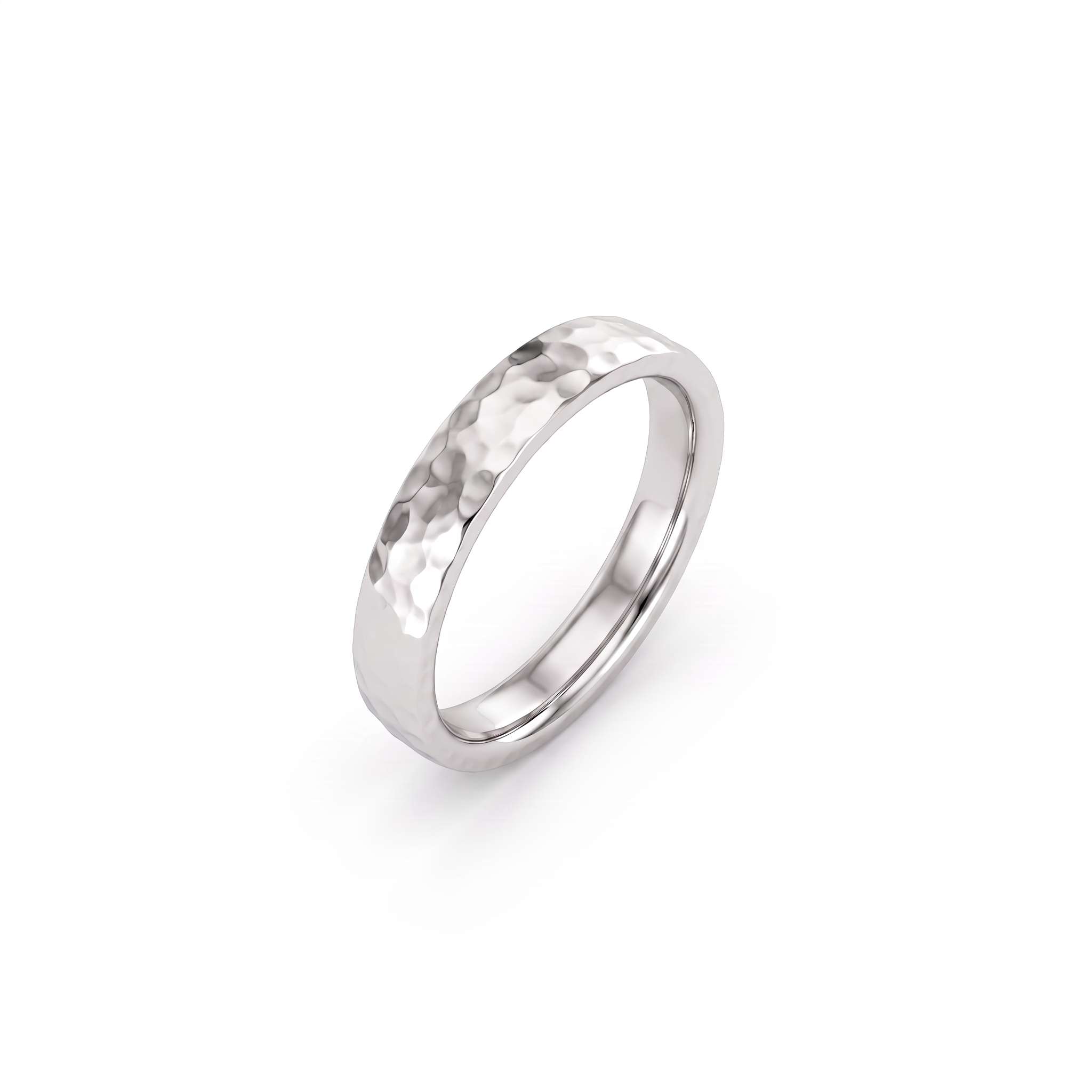 4mm polished hammered wedding band in 14K white gold, angled view showing comfort-fit interior