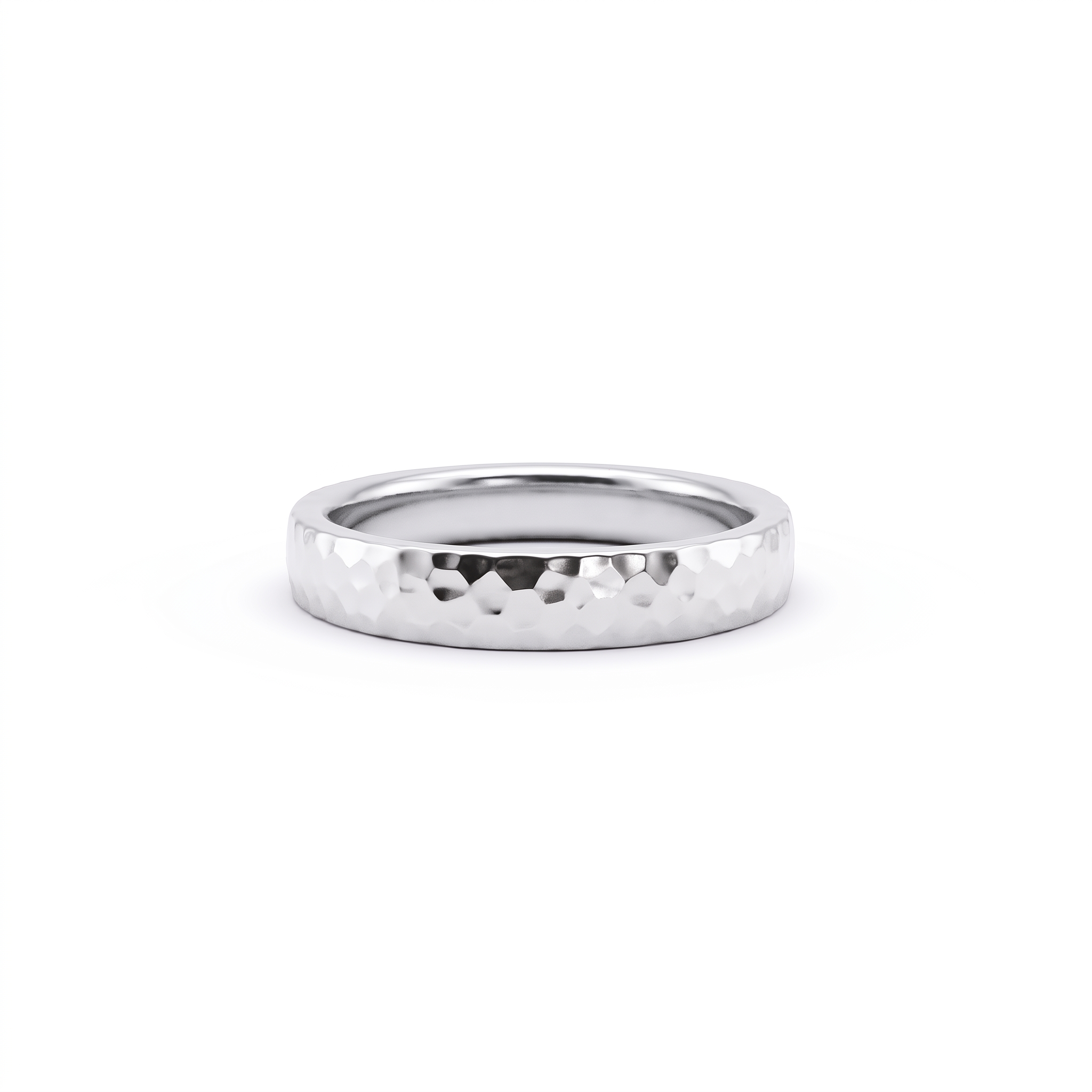 4mm polished hammered wedding band in 14K white gold, mirror-finish facets front view