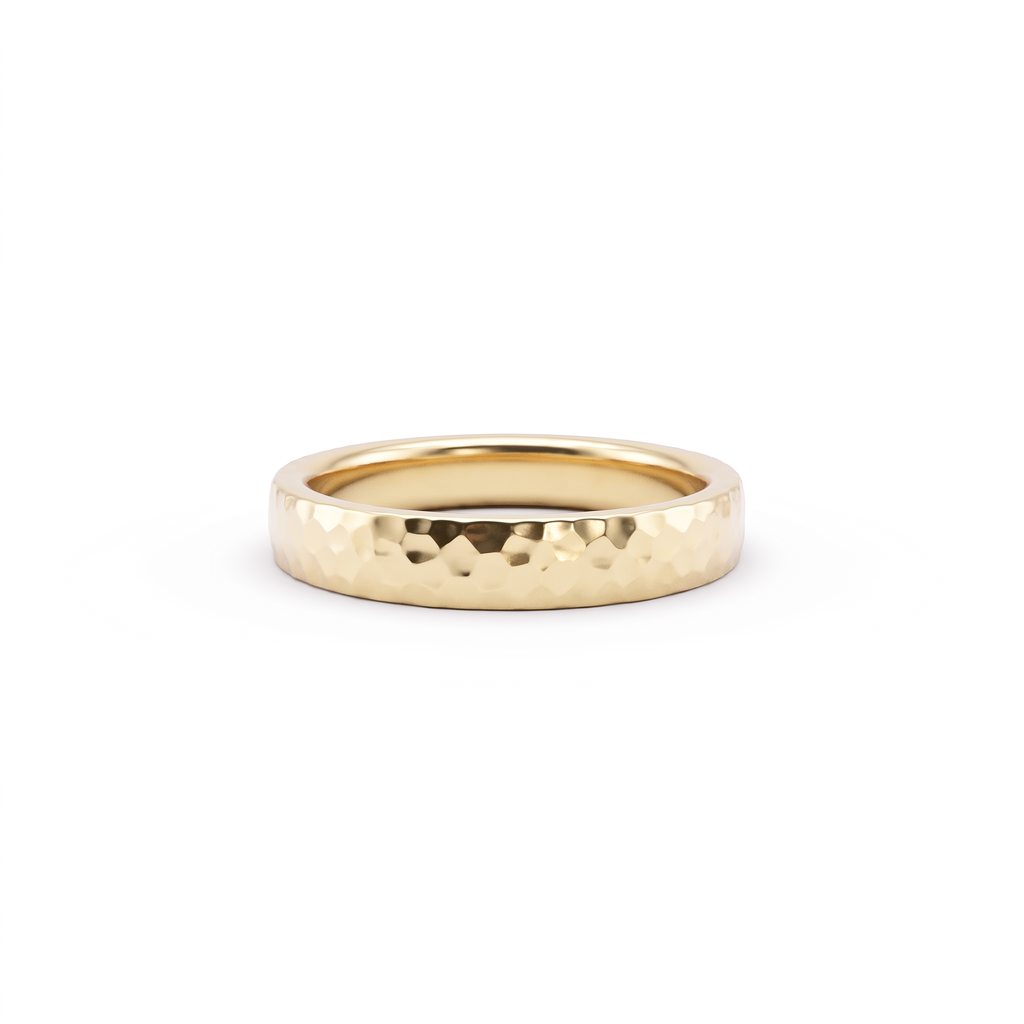 4mm polished hammered wedding band in 14K yellow gold, mirror-finish facets front view