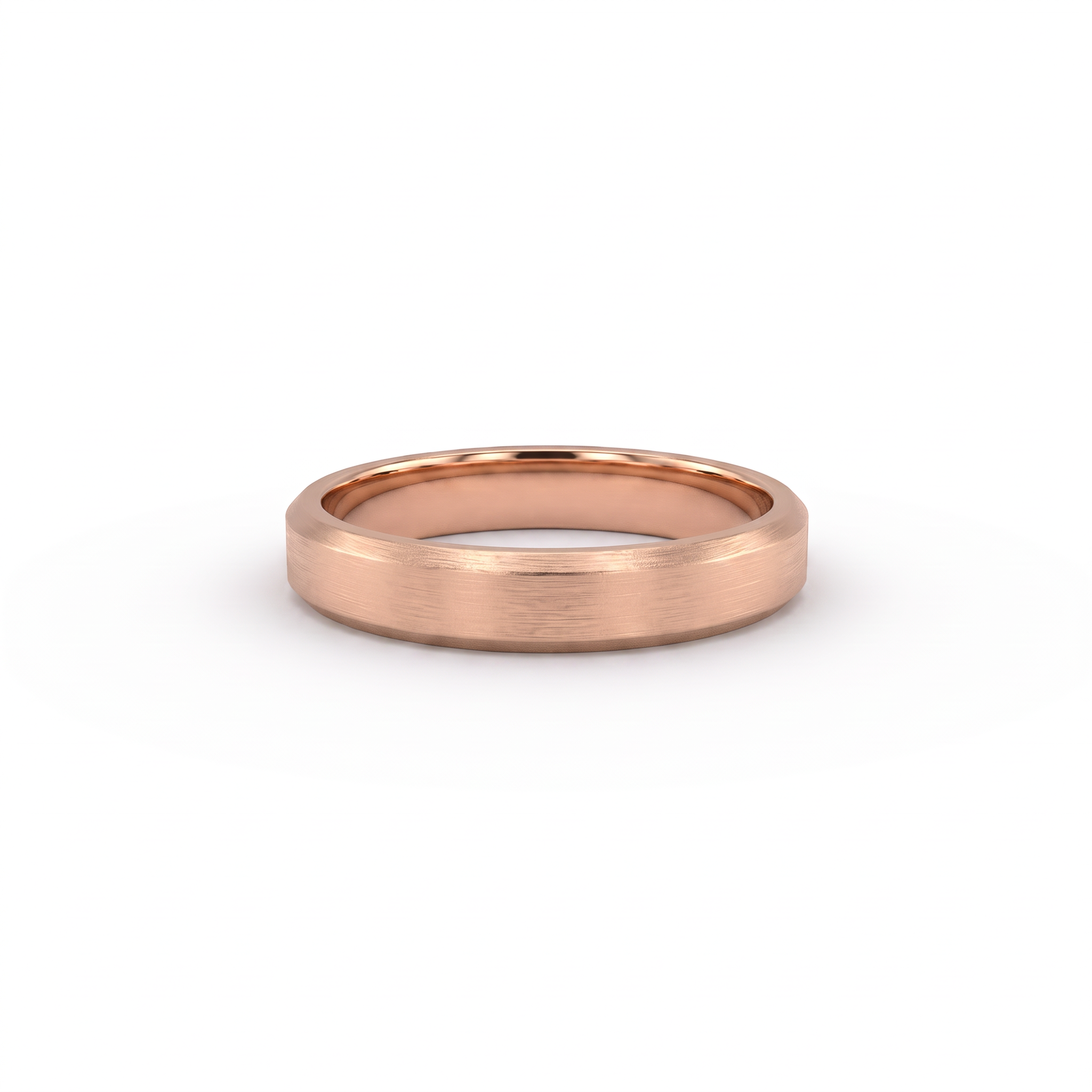 4mm satin beveled edge wedding band in 14K rose gold, brushed face with chamfered edges, front view
