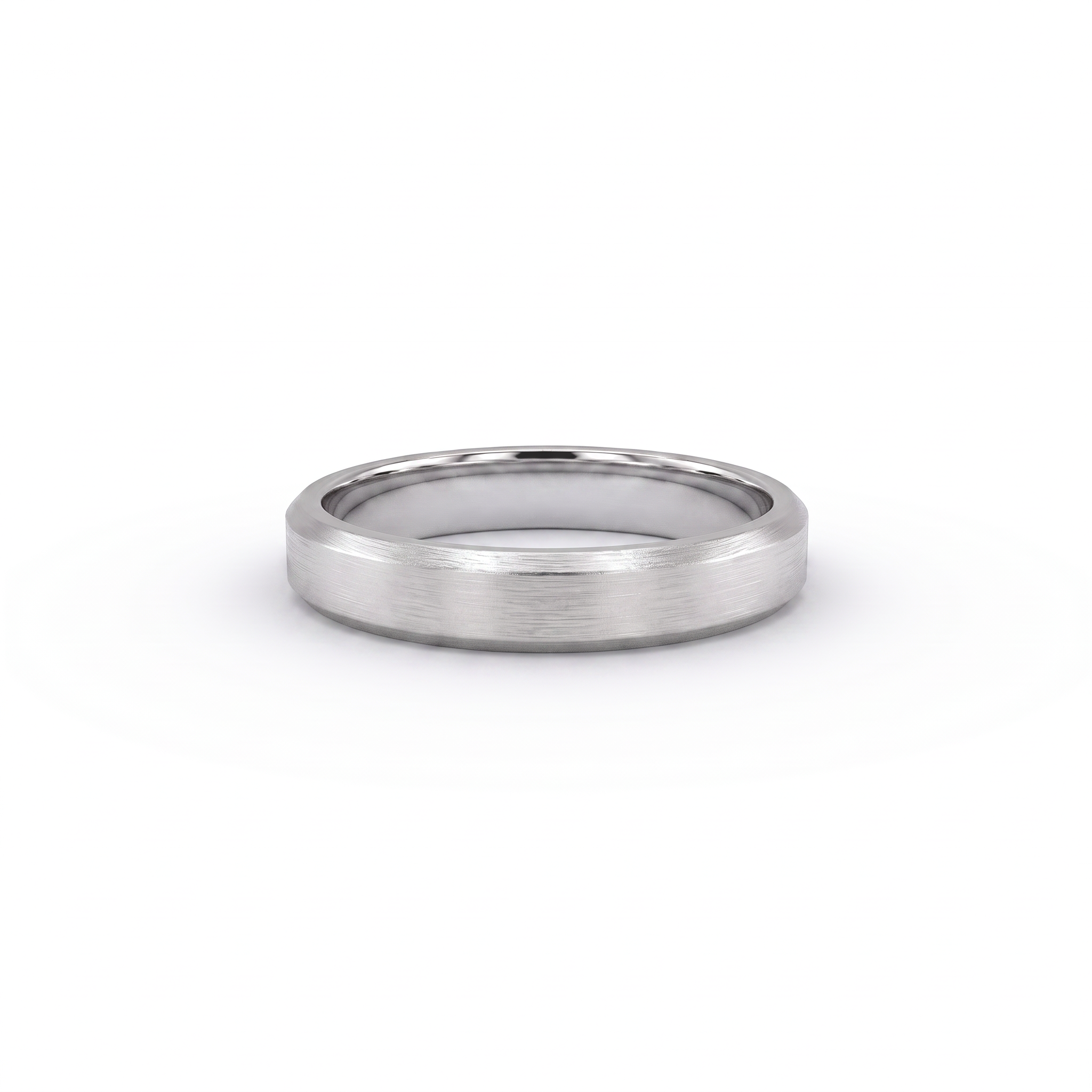 4mm satin beveled edge wedding band in 14K white gold, brushed face with chamfered edges, front view