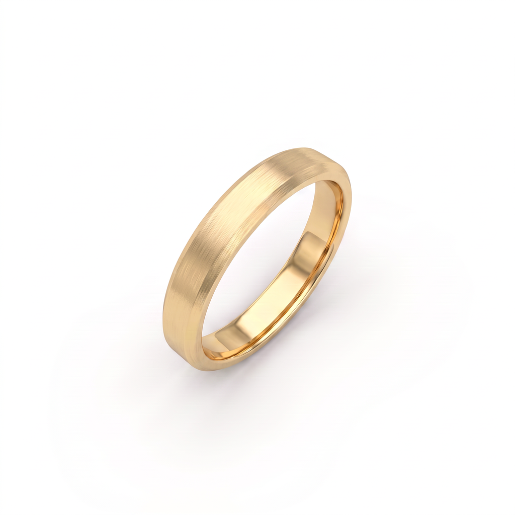 4mm satin beveled edge wedding band in 14K yellow gold, angled view showing the bevel and comfort-fit interior