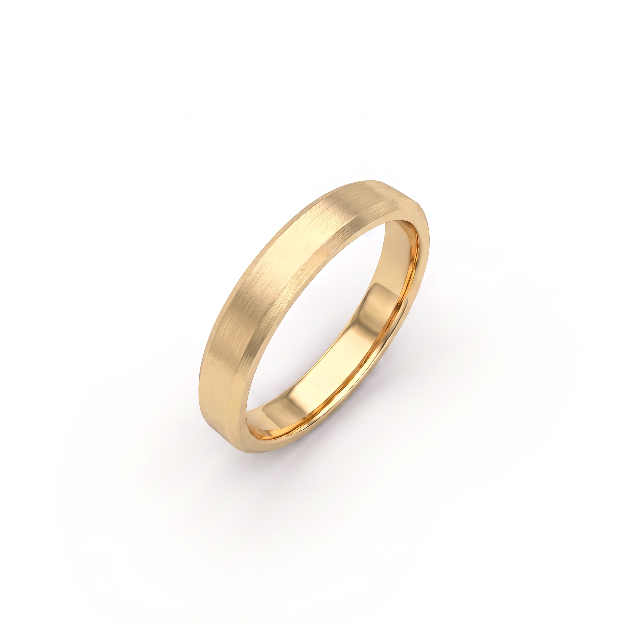 4mm satin beveled edge wedding band in 14K yellow gold, angled view showing the bevel and comfort-fit interior