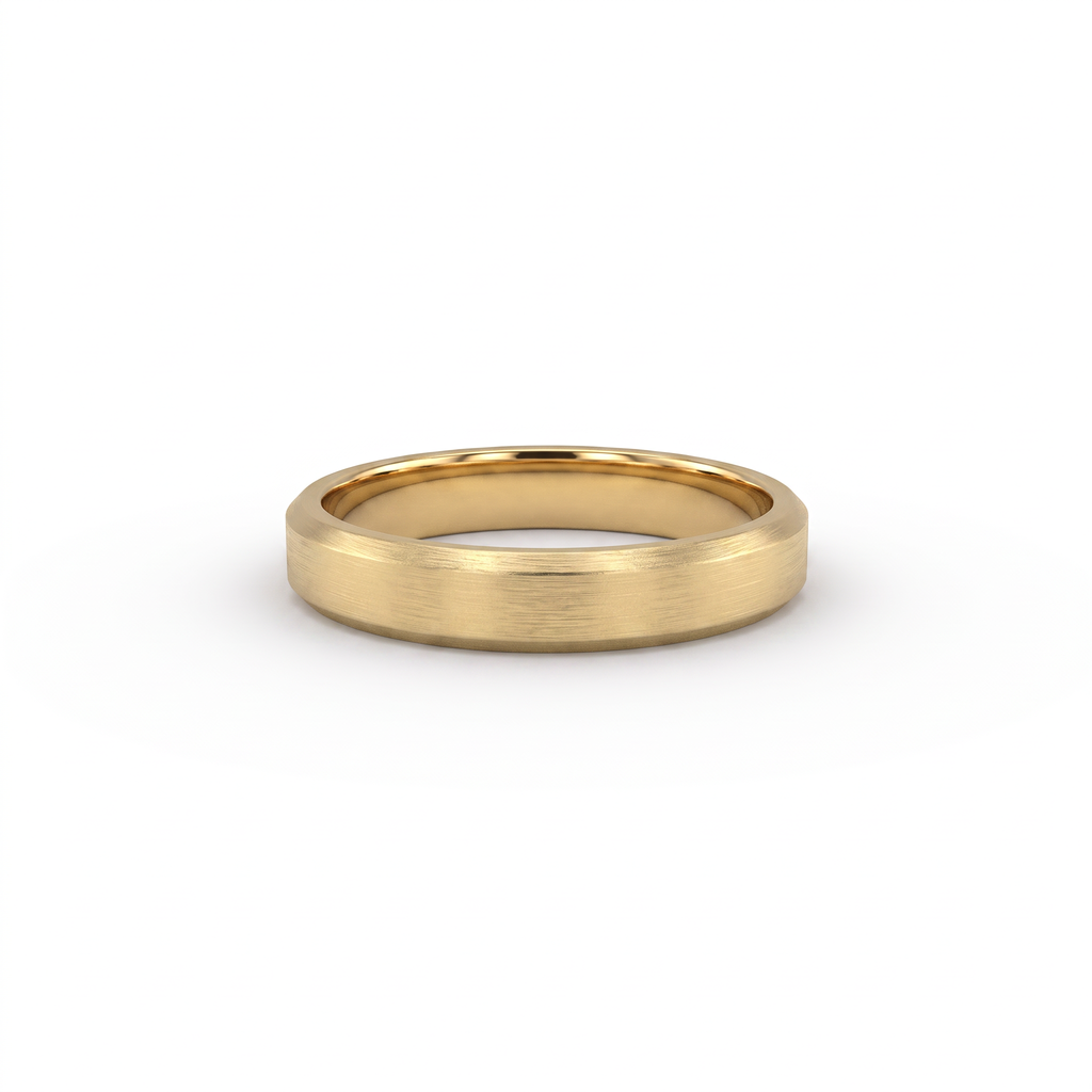4mm satin beveled edge wedding band in 14K yellow gold, brushed face with chamfered edges, front view