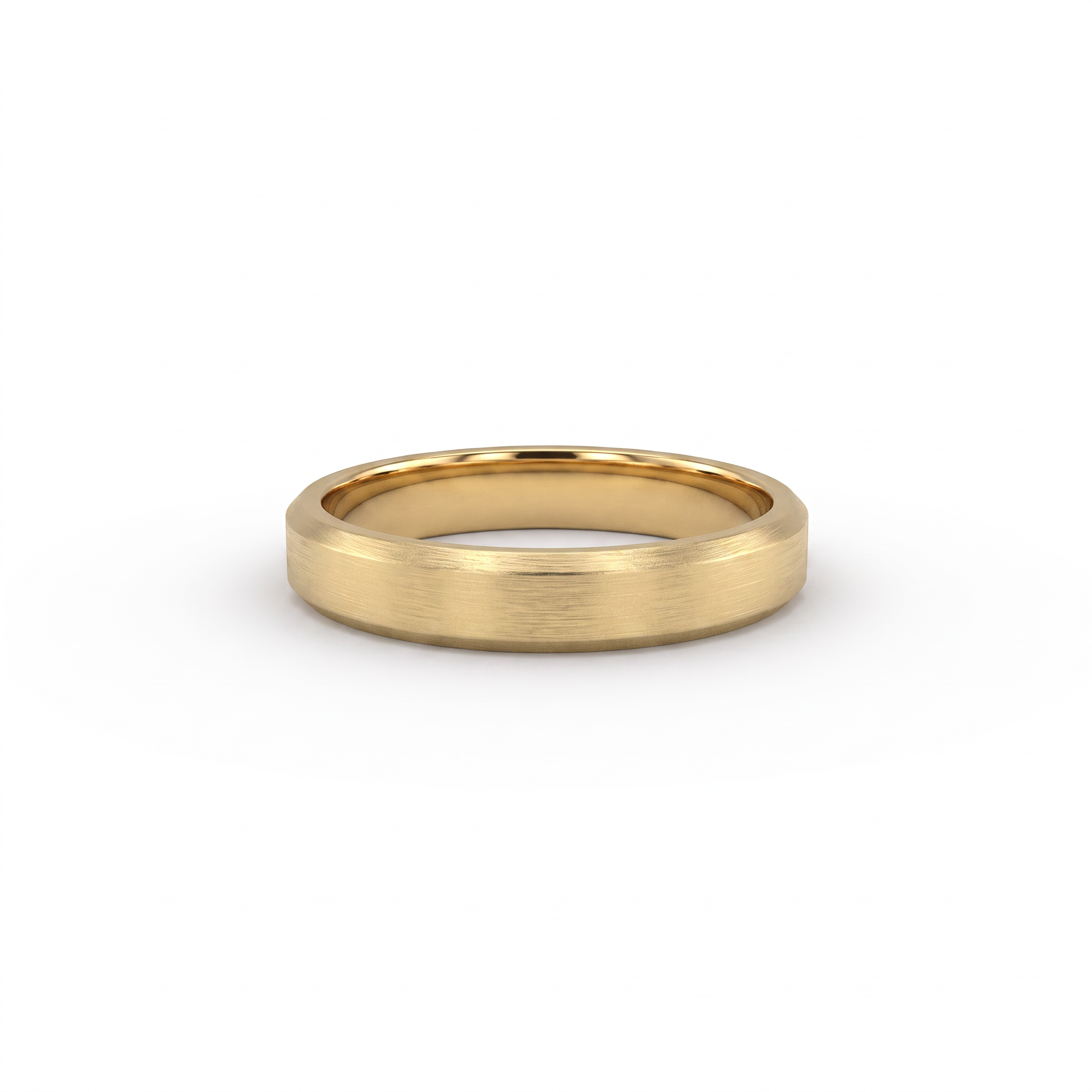 4mm satin beveled edge wedding band in 14K yellow gold, brushed face with chamfered edges, front view
