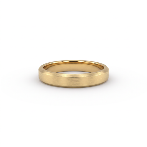 4mm satin beveled edge wedding band in 14K yellow gold, brushed face with chamfered edges, front view