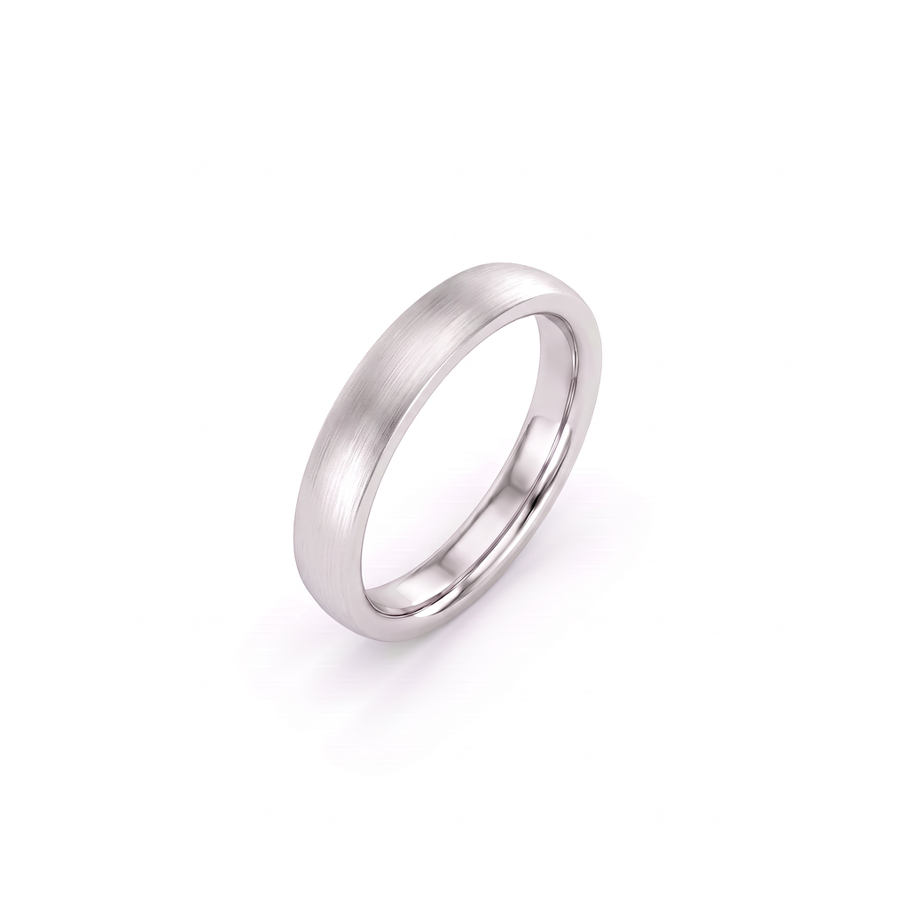 4mm satin dome wedding band in 14K white gold, angled view showing domed profile and comfort-fit interior