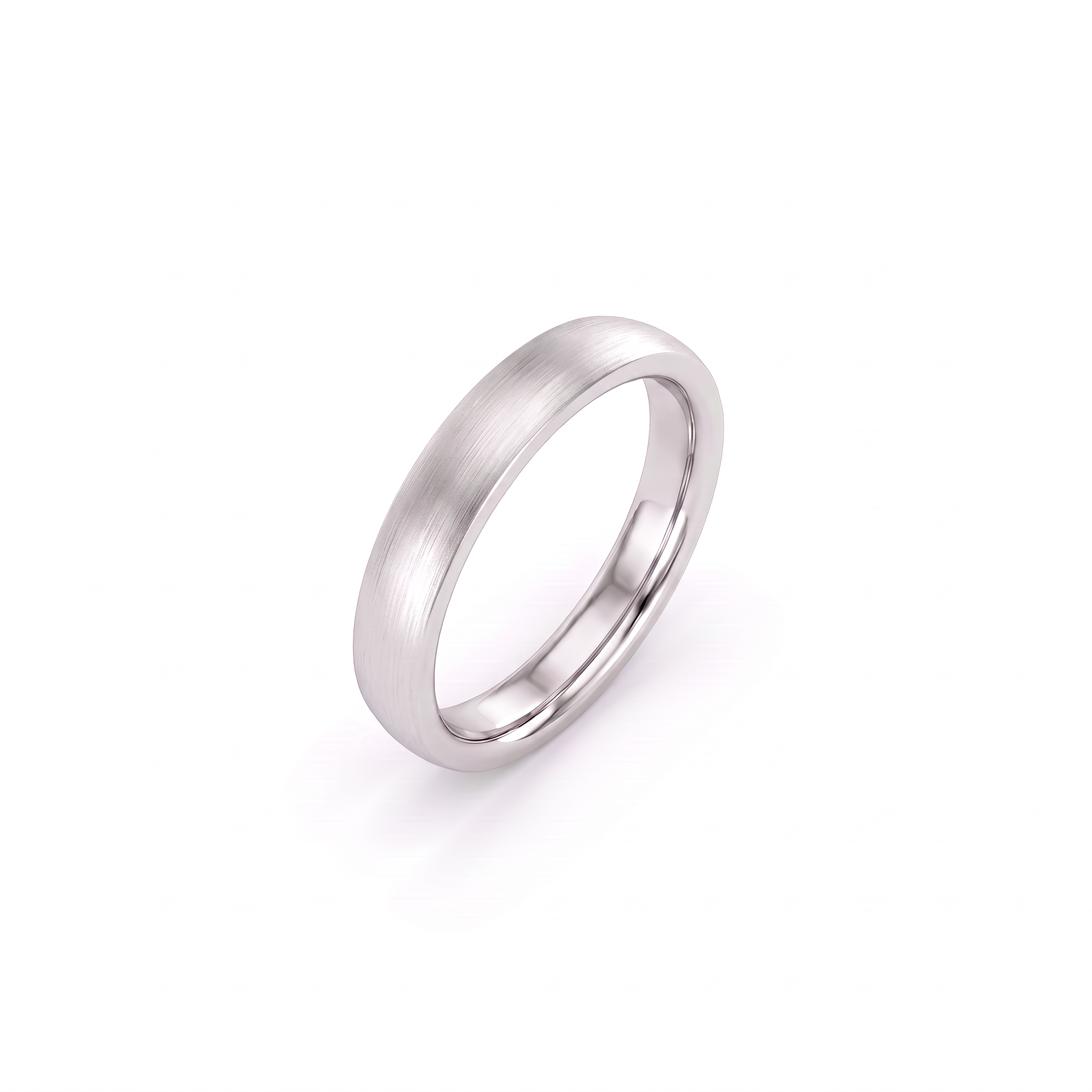 4mm satin dome wedding band in 14K white gold, angled view showing domed profile and comfort-fit interior