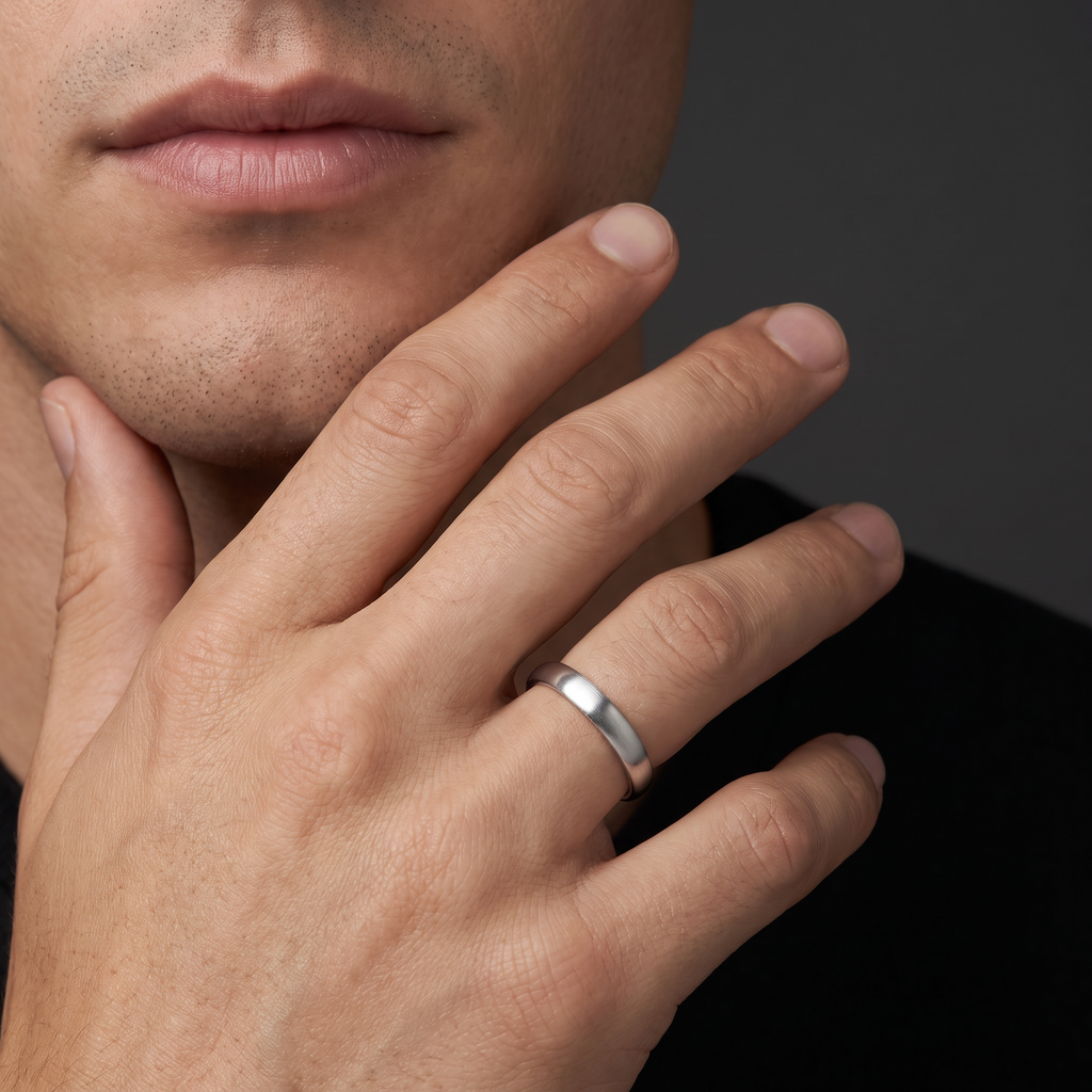 Man wearing the 4mm satin dome wedding band in 14K white gold