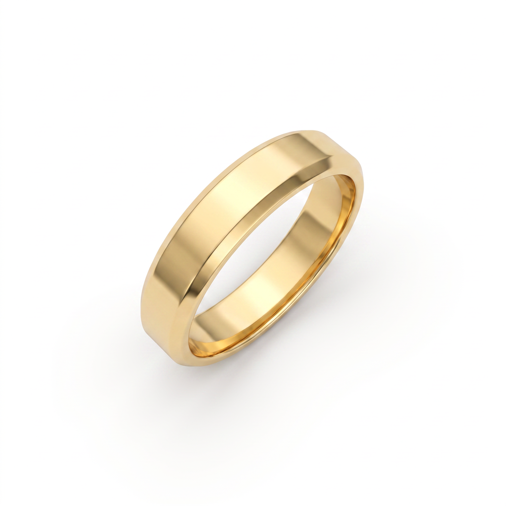 5mm beveled edge wedding band in solid 14K gold, angled view showing the flat plateau and beveled flanks