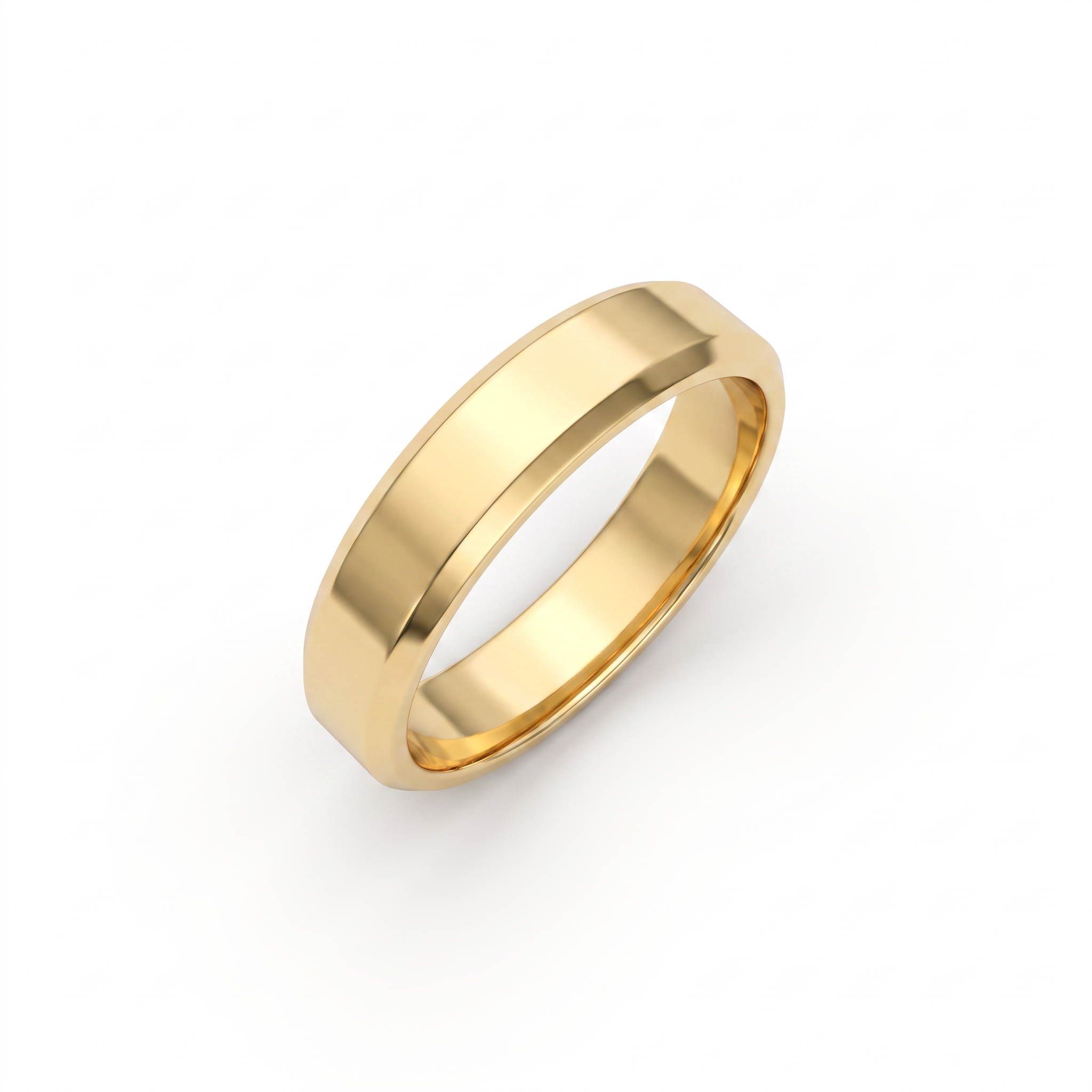 5mm beveled edge wedding band in solid 14K gold, angled view showing the flat plateau and beveled flanks