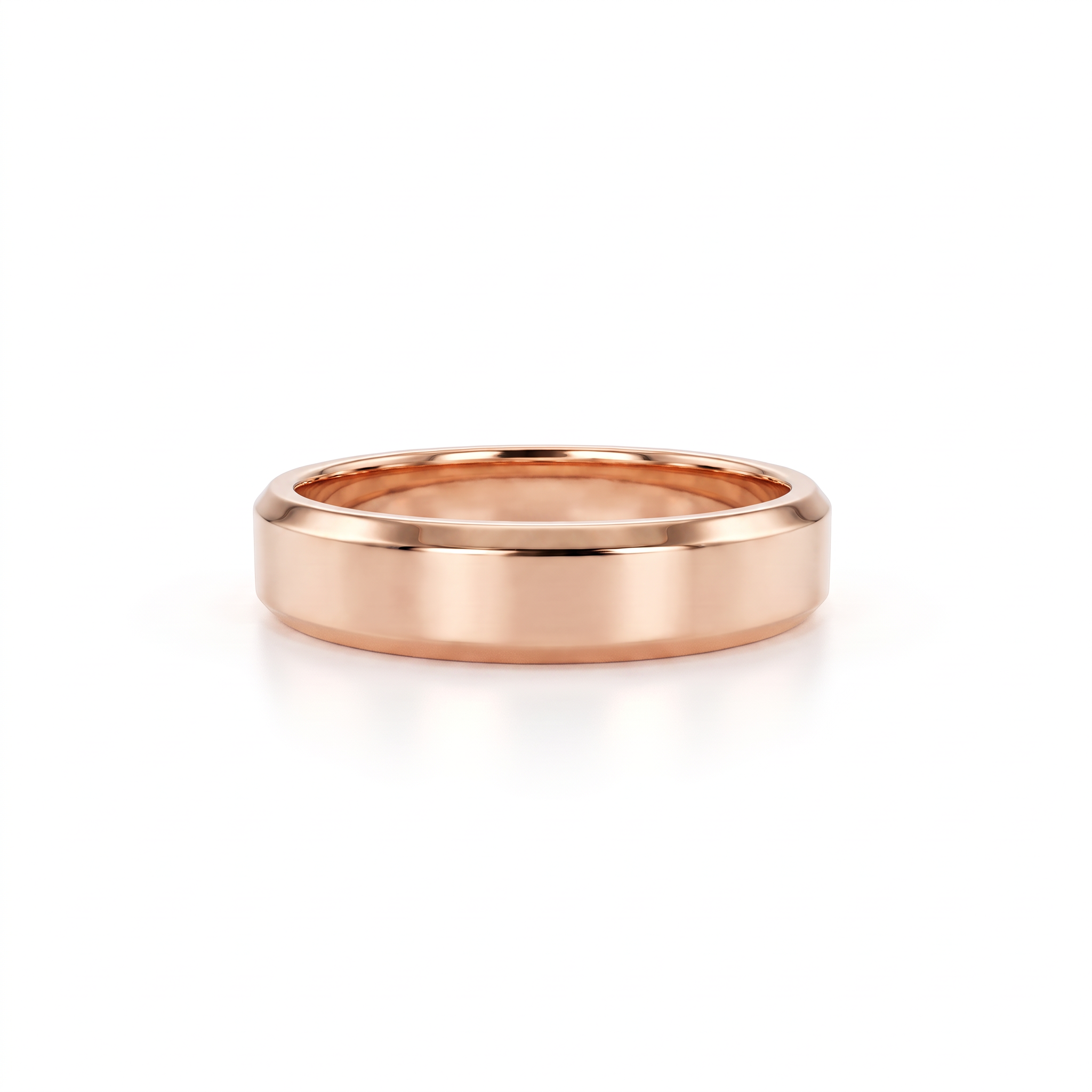 5mm beveled edge wedding band in solid 14K gold, detail of the polished bevel along the edge