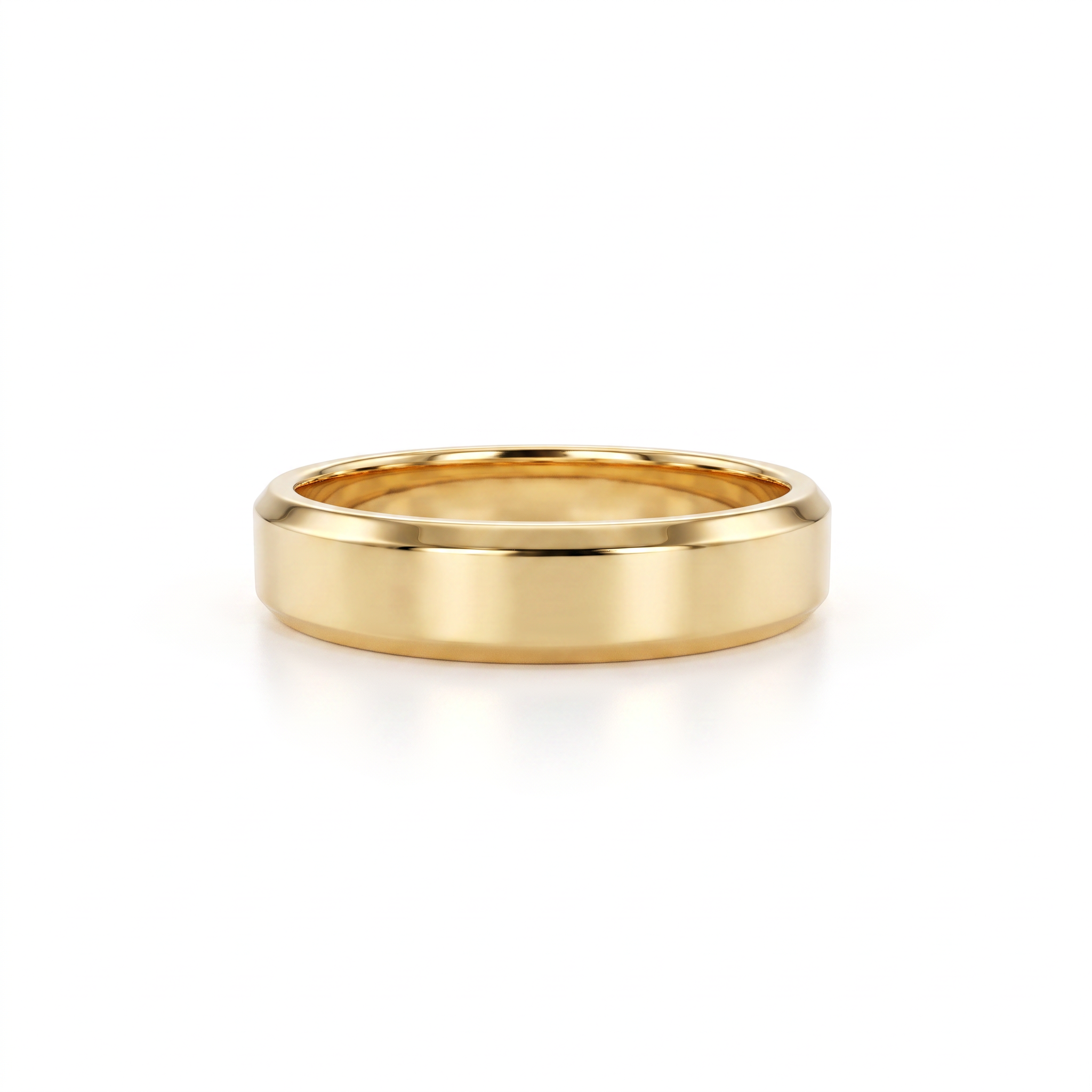 5mm beveled edge wedding band in solid 14K gold, polished flat face with chamfered edges, front view