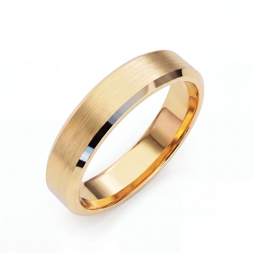 5mm Beveled Satin Men's Wedding Band in 14K gold, close-up detail of the satin finish and beveled edge