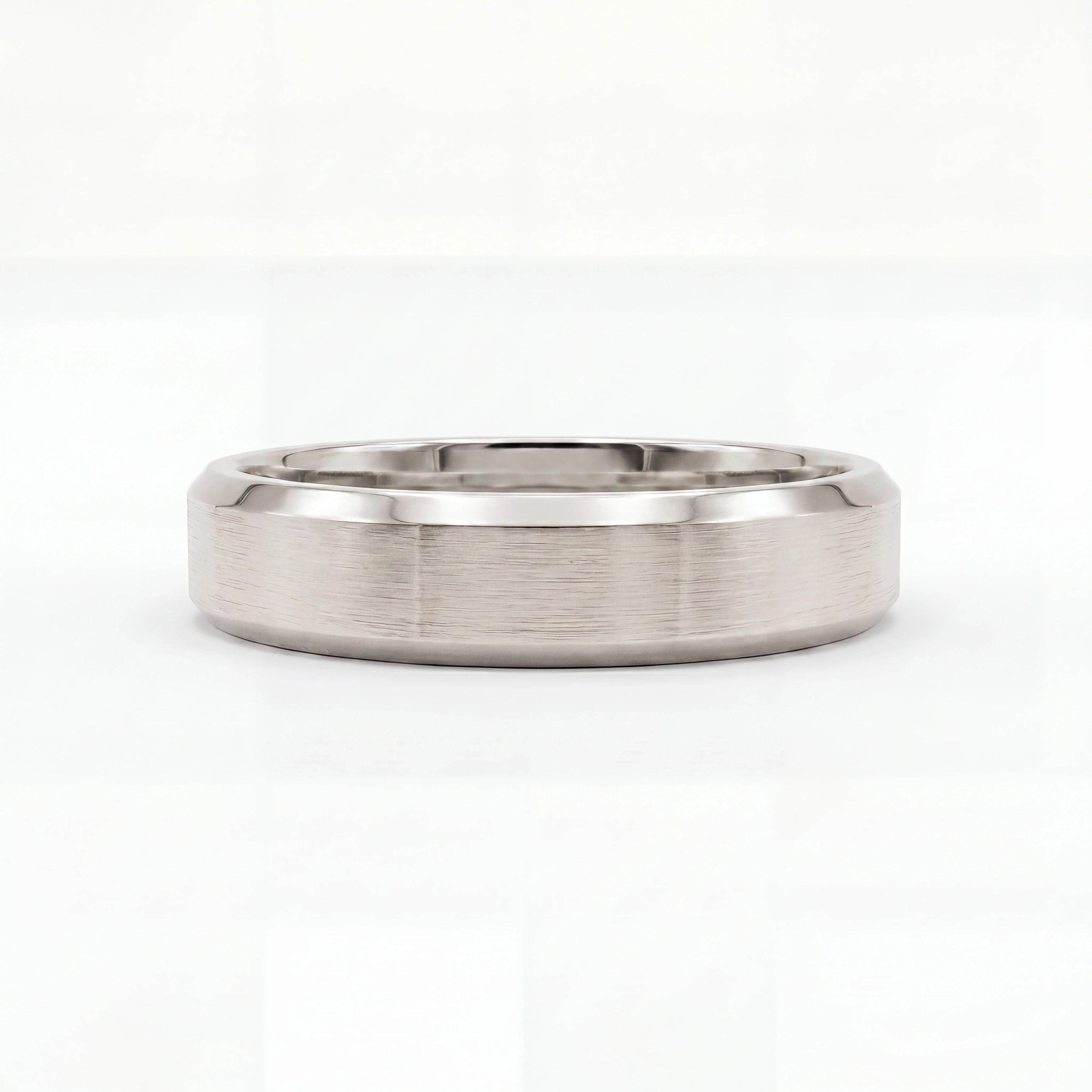 5mm Beveled Satin Men's Wedding Band in 14K gold, worn on hand