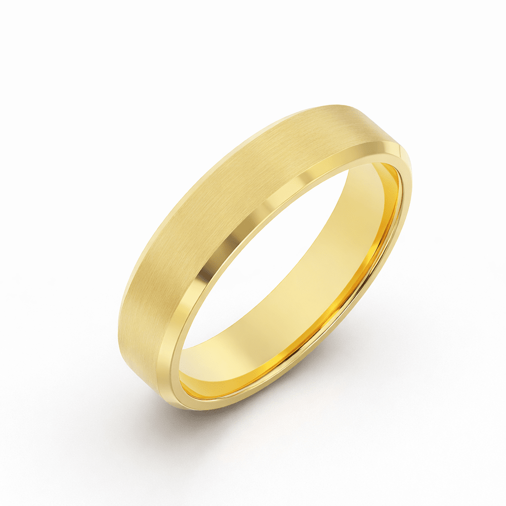 angled view of 5mm beveled satin men’s wedding band in yellow gold
