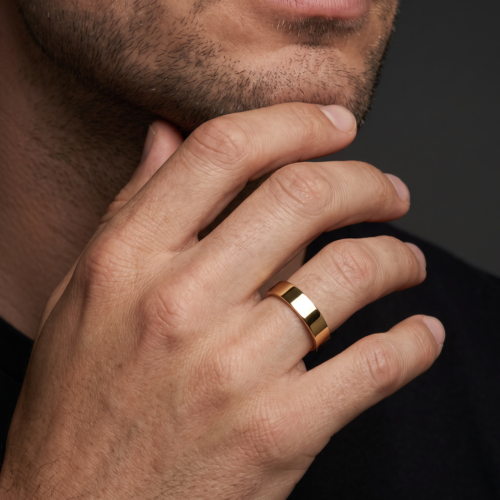 Steinway 5mm flat wedding band in solid 14K gold, angled view showing the flat profile and straight sides
