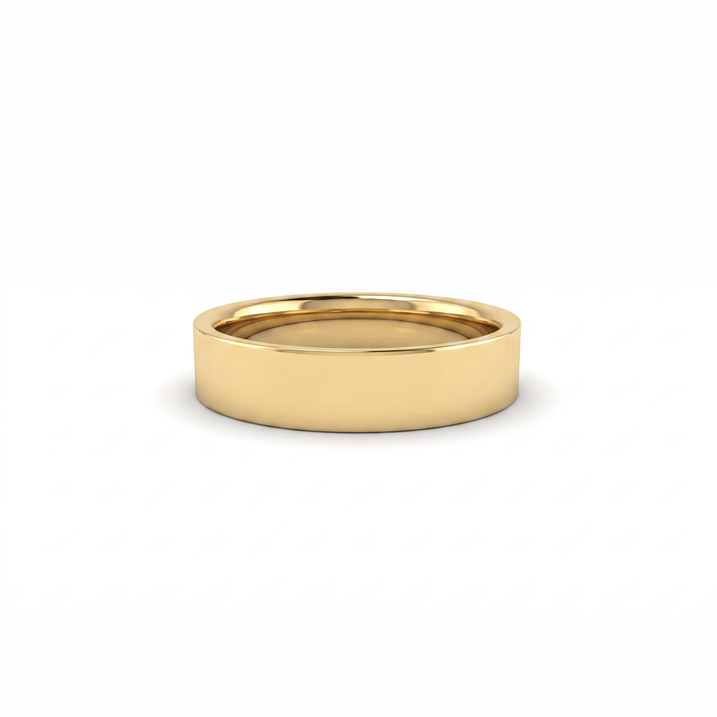 Steinway 5mm flat wedding band in solid 14K gold, polished mirror face, front view