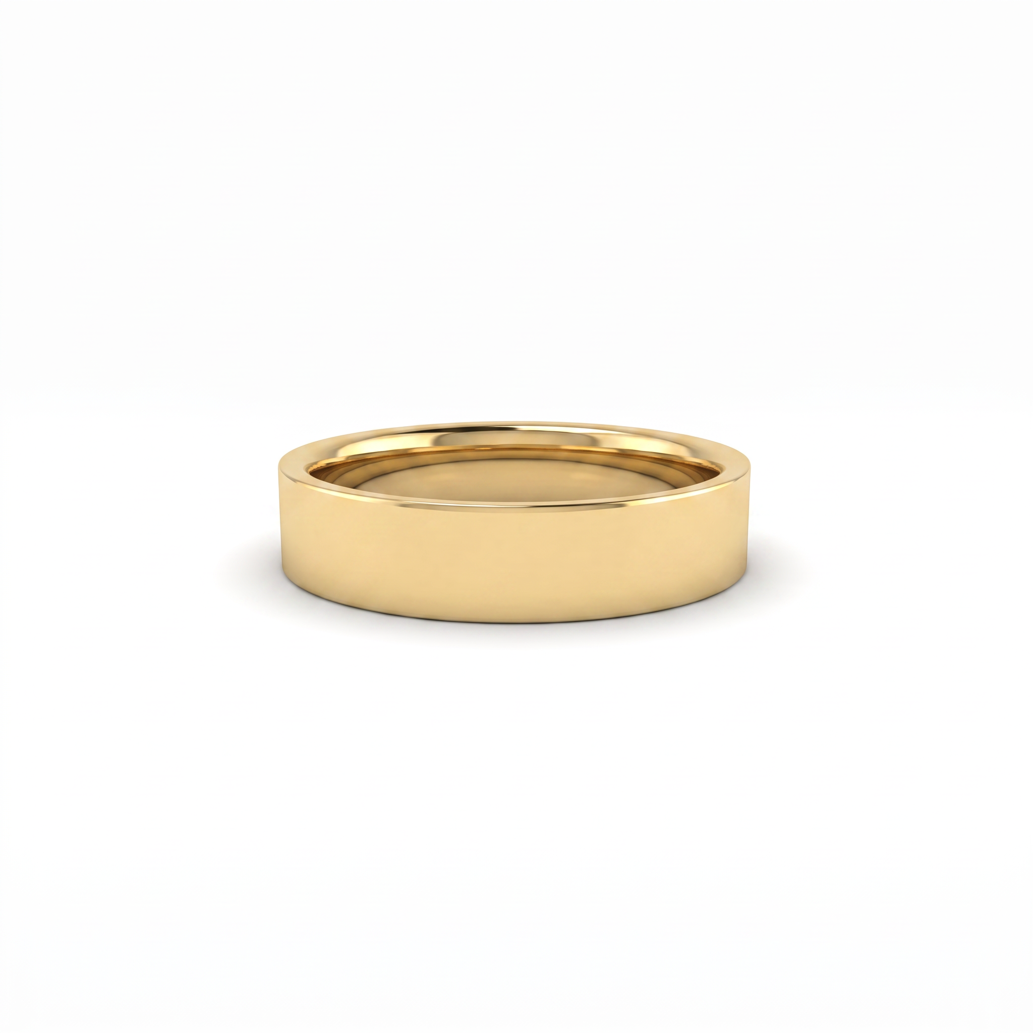 Steinway 5mm flat wedding band in solid 14K gold, polished mirror face, front view