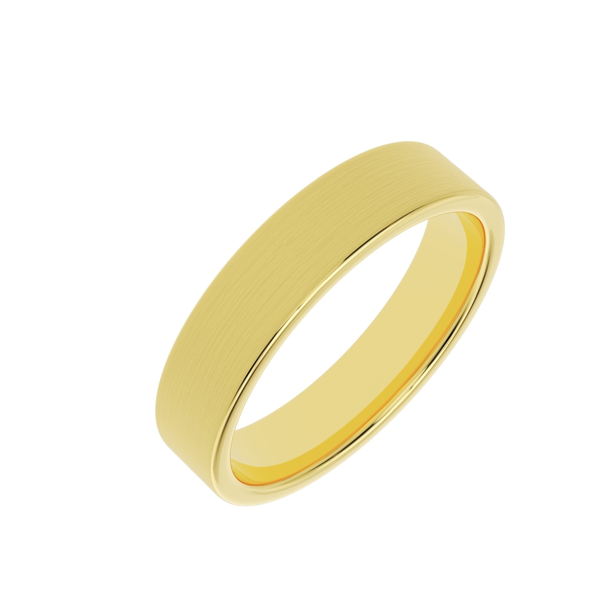 angled view of 5mm flat satin wedding band in 14k gold
