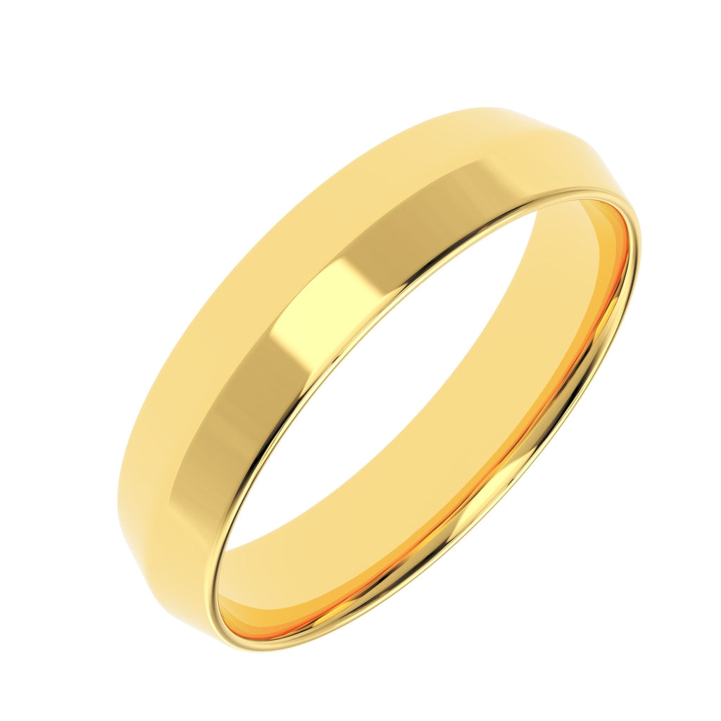 Angled view of a 5mm knife‑edge men’s wedding band in 14K gold