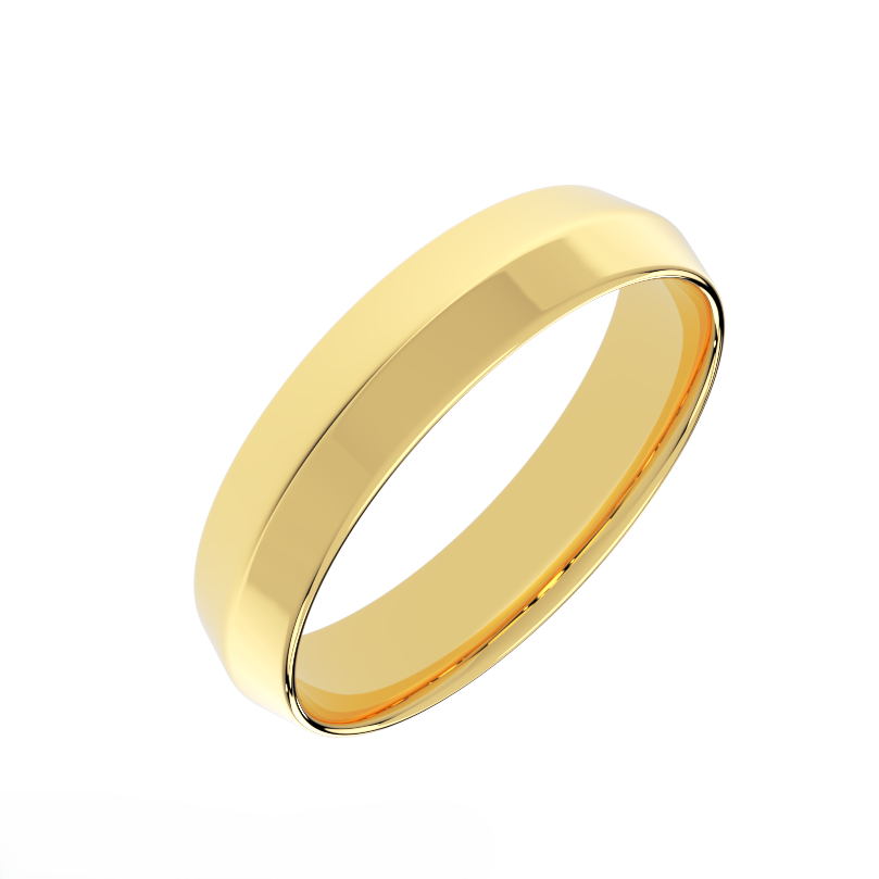 5mm knife‑edge men’s wedding band in solid 14K yellow gold, angle view
