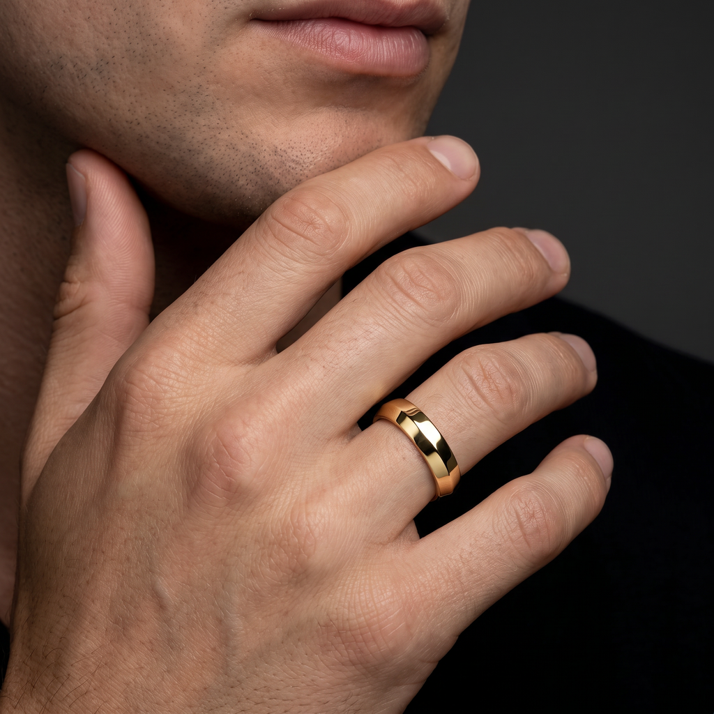 5mm knife-edge wedding band in solid 14K gold, angled view showing the two polished flanks meeting at the ridge