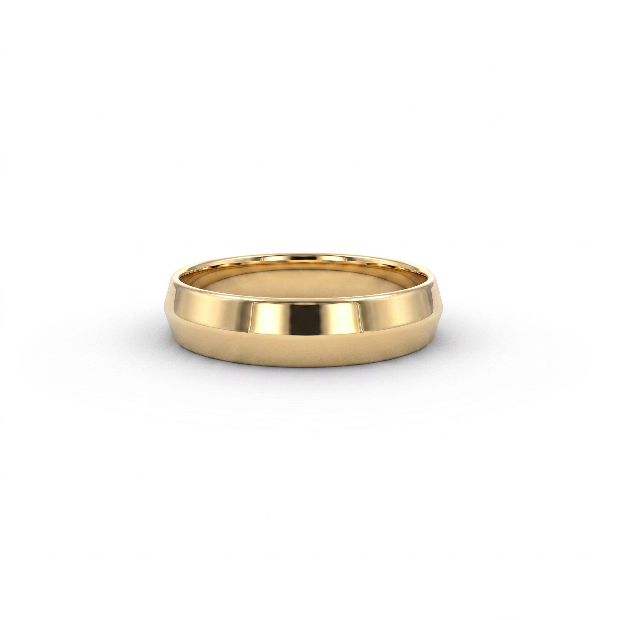 5mm knife-edge wedding band in solid 14K gold, polished central ridge, front view
