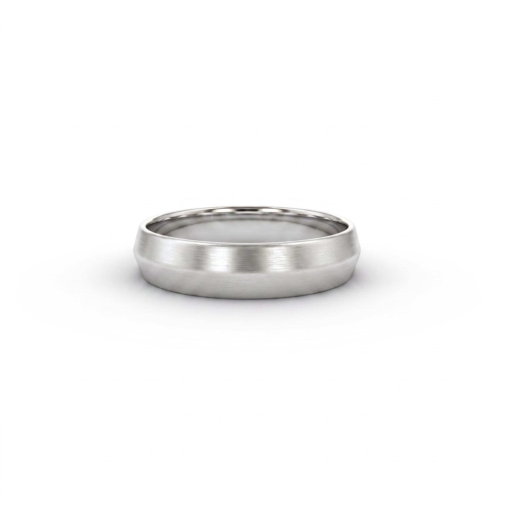 5mm satin knife-edge wedding band in 14K white gold, brushed faces meeting at a central ridge, front view