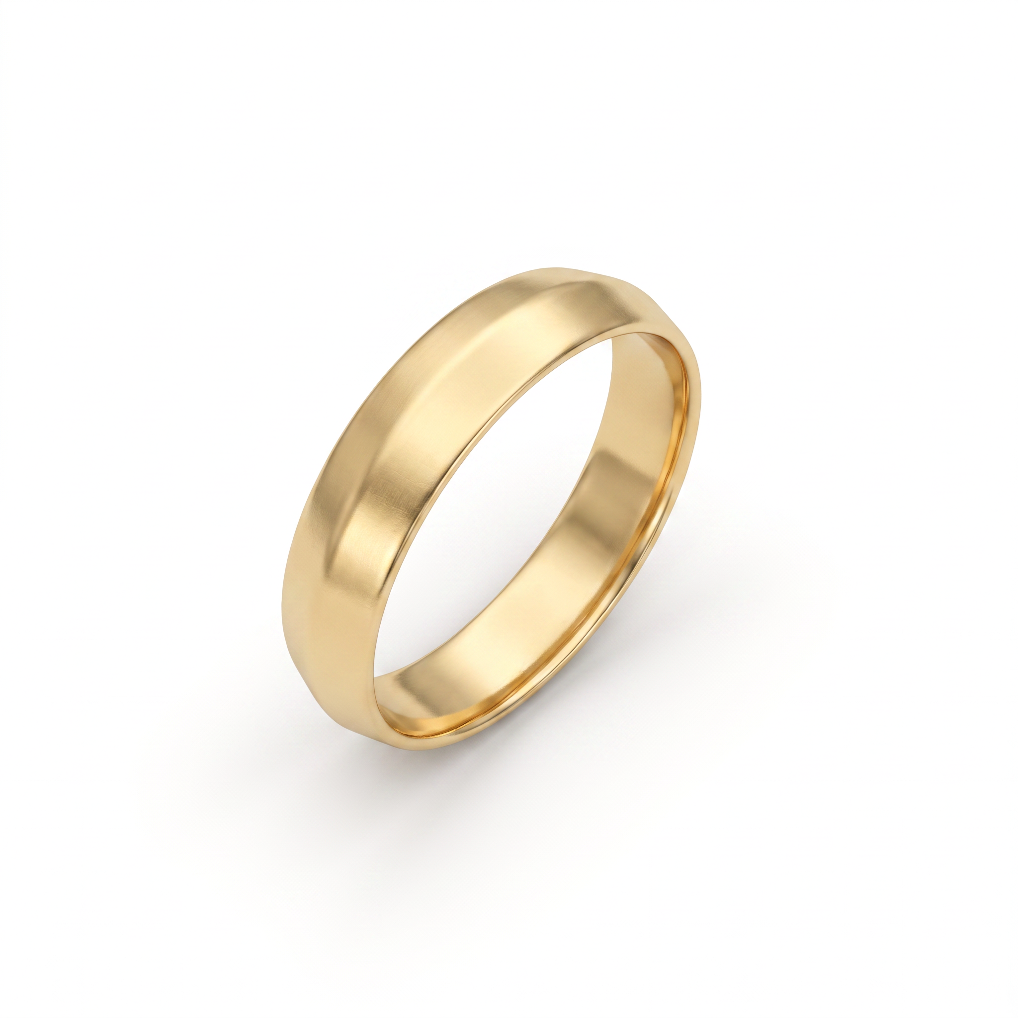 5mm satin knife-edge wedding band in 14K yellow gold, angled view showing the ridge and comfort-fit interior