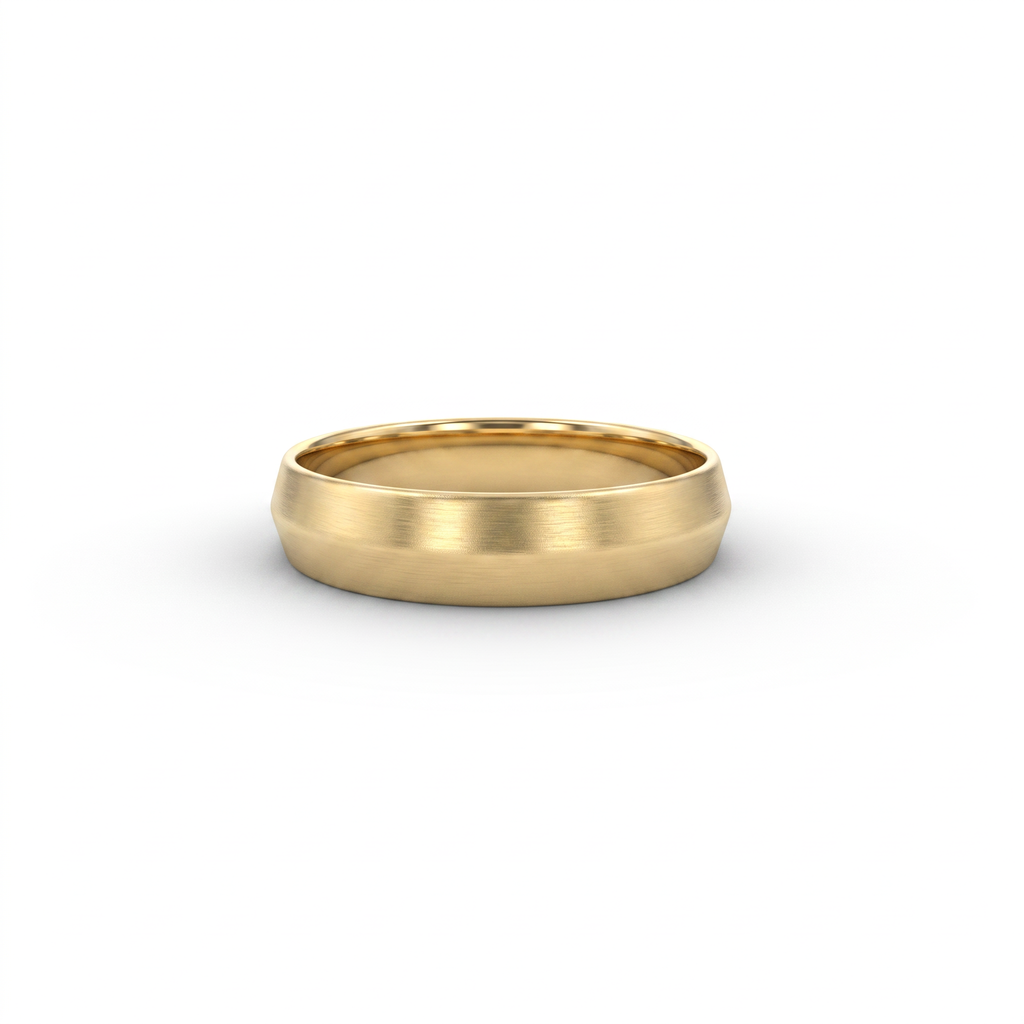 5mm satin knife-edge wedding band in 14K yellow gold, brushed faces meeting at a central ridge, front view