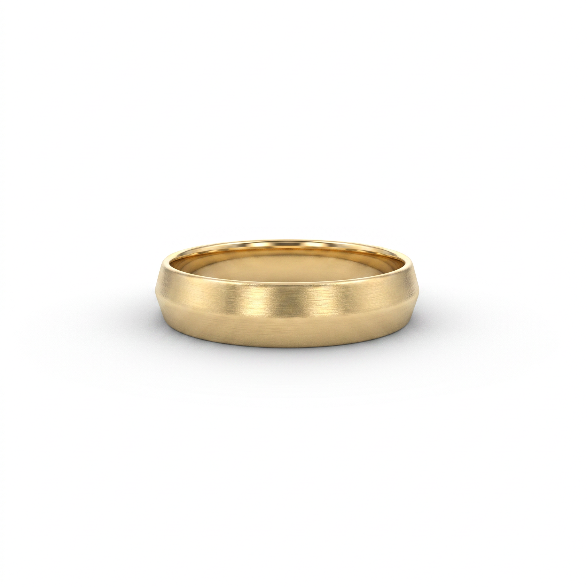 5mm satin knife-edge wedding band in 14K yellow gold, brushed faces meeting at a central ridge, front view
