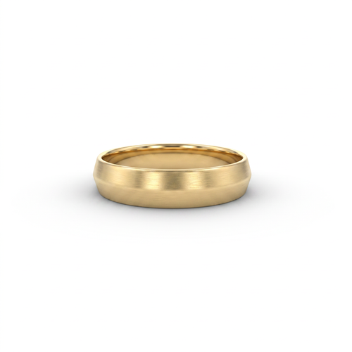 5mm satin knife-edge wedding band in 14K yellow gold, brushed faces meeting at a central ridge, front view