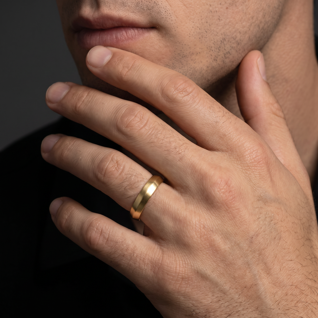 Man wearing the 5mm satin knife-edge wedding band in 14K yellow gold